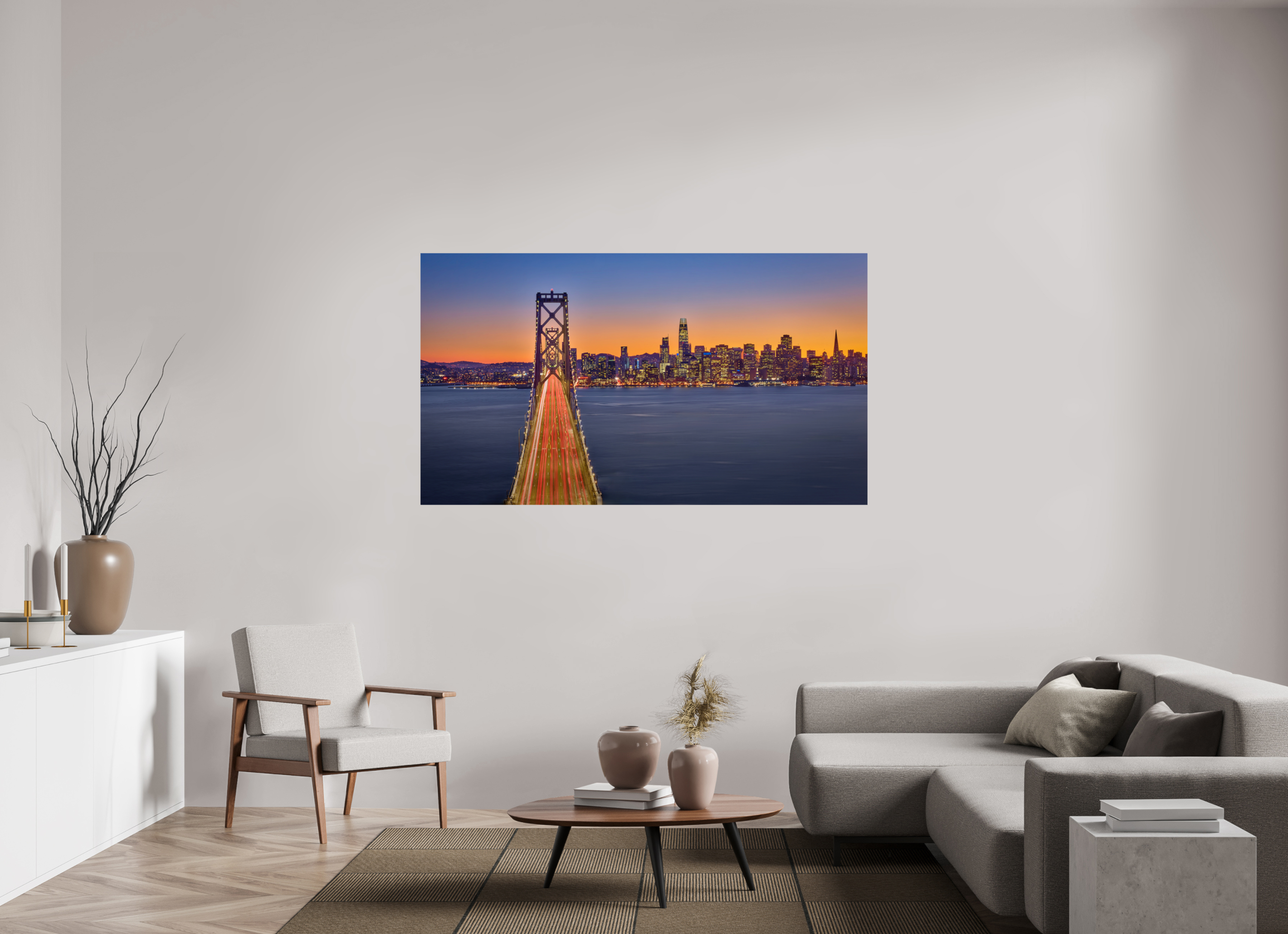 70 x 39.4″, Giclée Alu-Dibond Bay Bridge & Sunset Over San Francsico