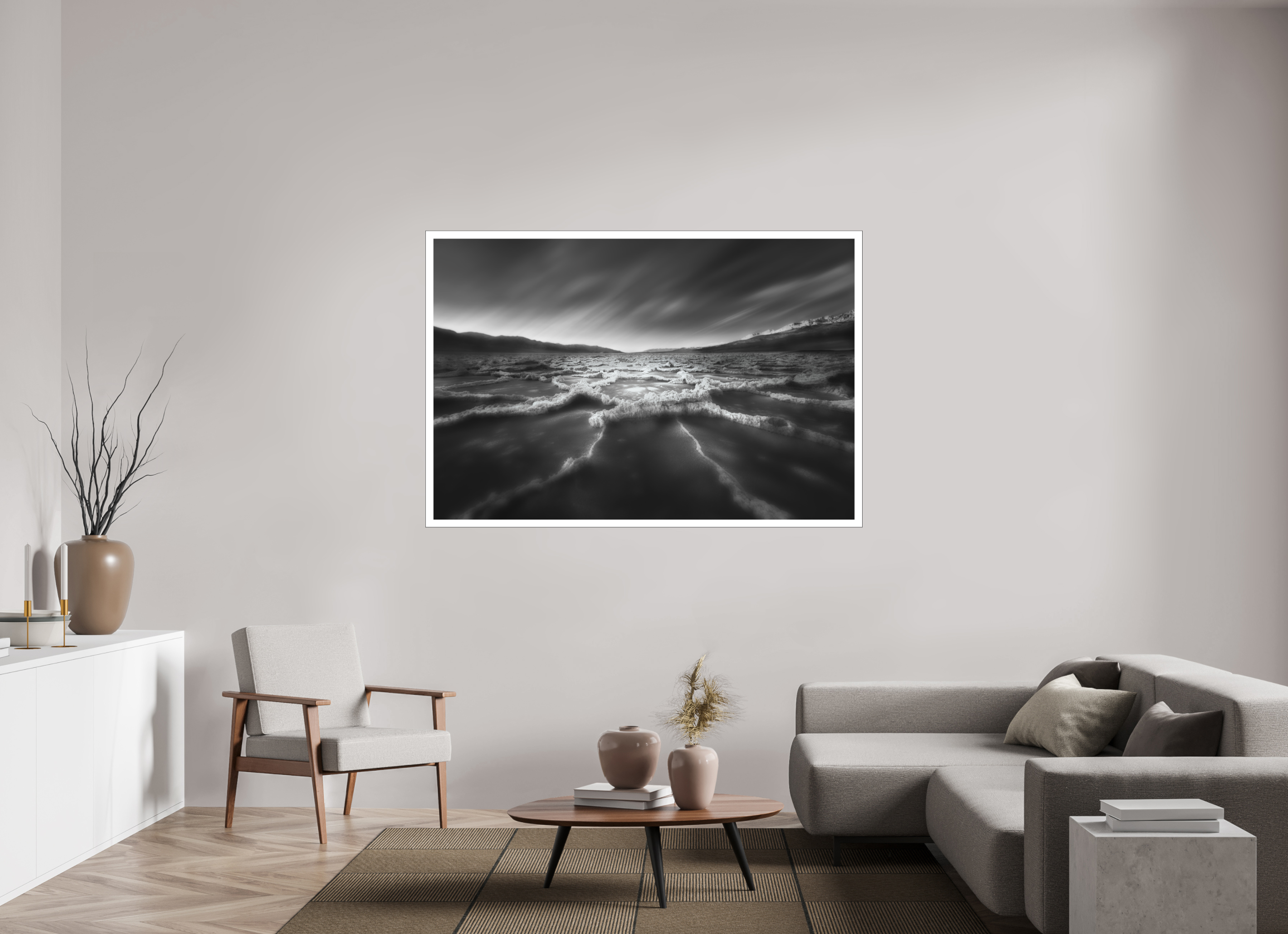 66 x 44″, Bonded Acrylic Mat + Black Frame Death Valley's Badwater Basin in Monochrome