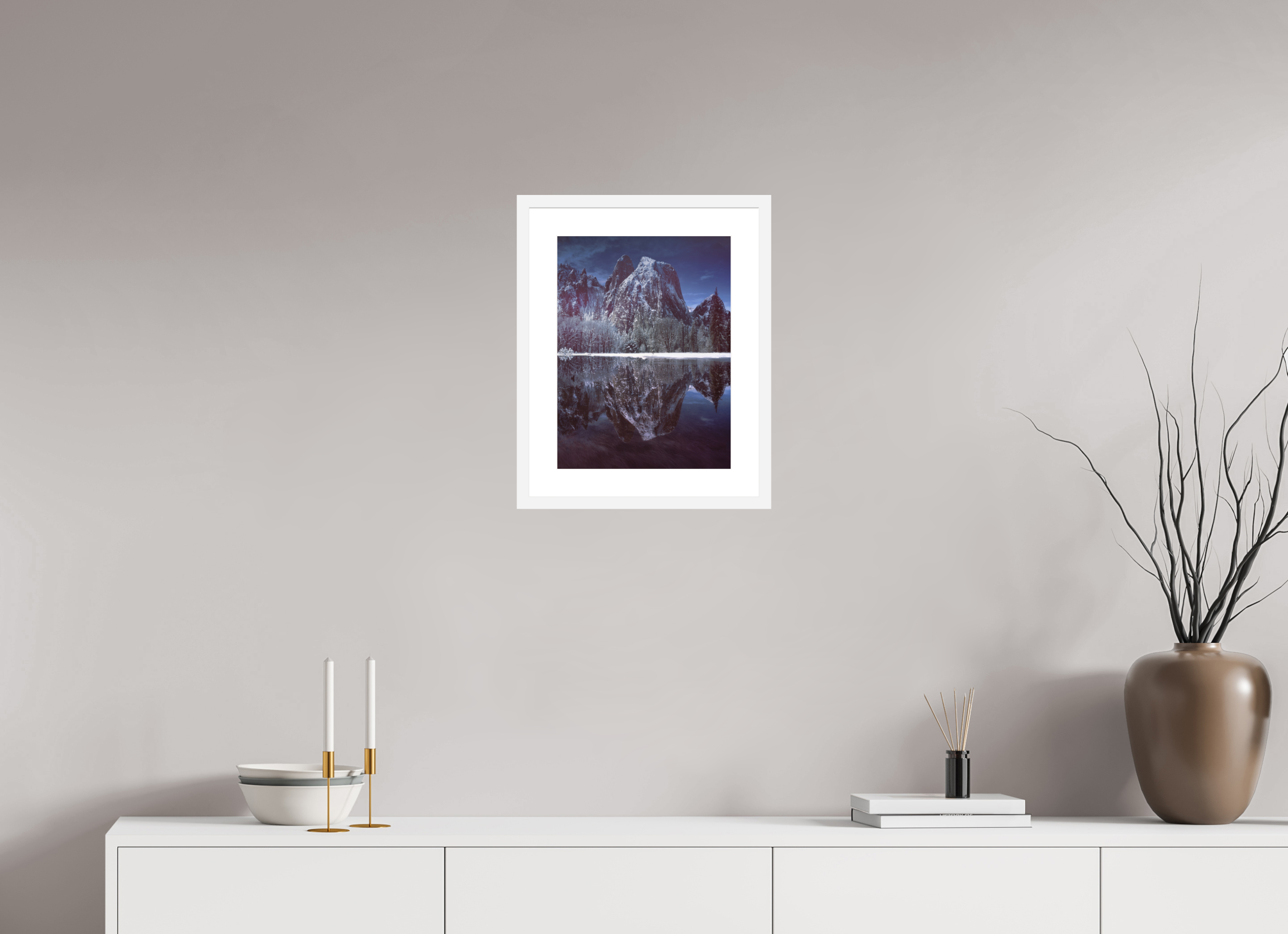 12 x 16″, Passe-Partout White Frame Cathedral Rocks & Reflection in Snow