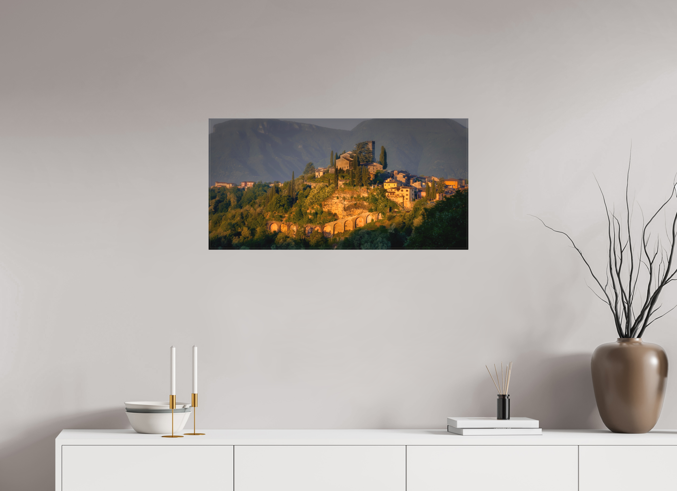 32 x 16″, Fine Art Textile Morning Glow on Barga, Tuscany