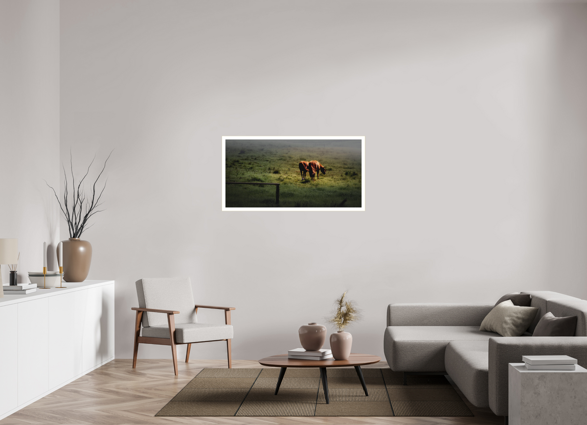 48 x 24″, Bonded Acrylic Mat + Gold Frame Upcountry Maui: Horses in Mist & Light