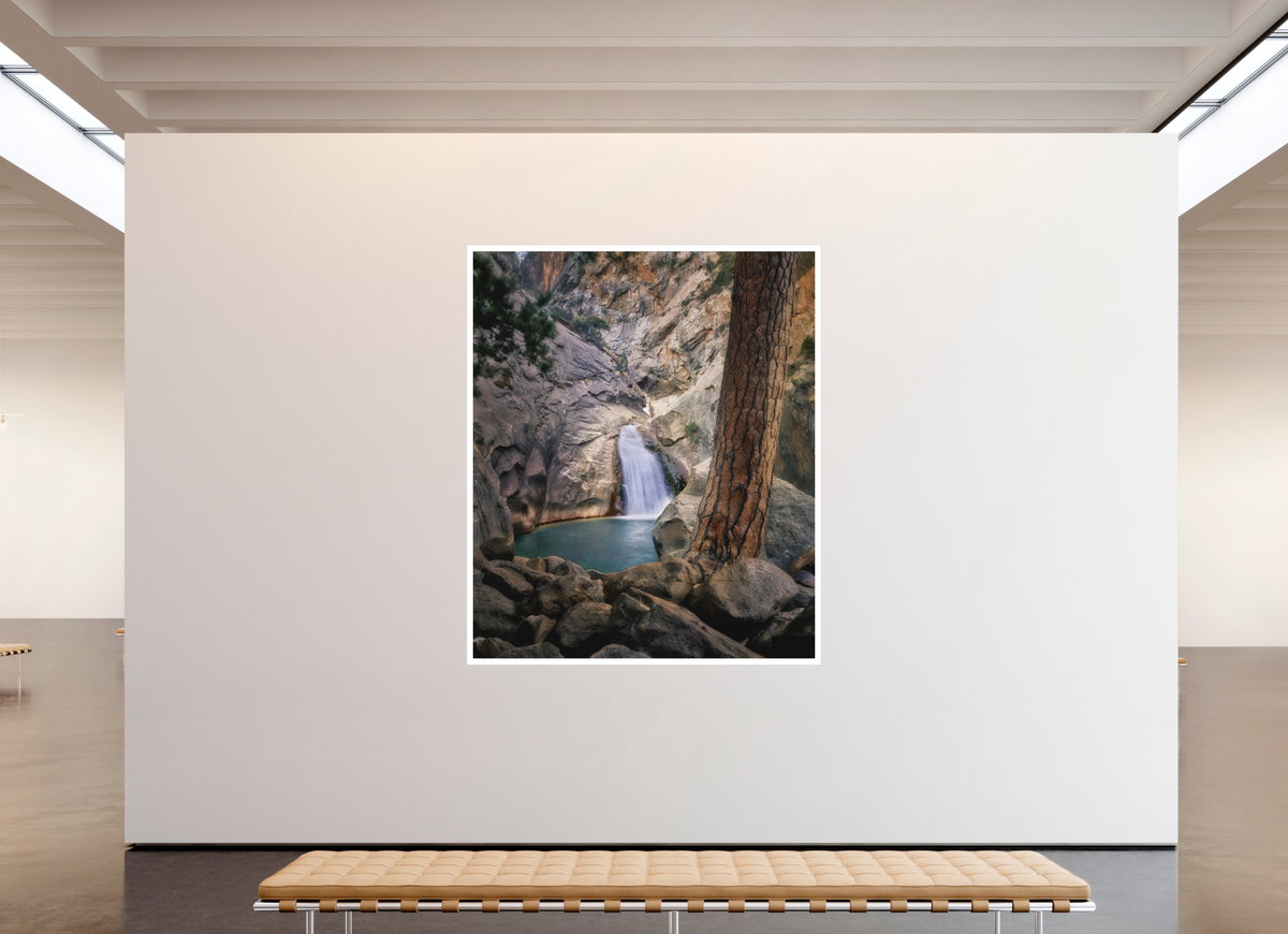 67 x 79.8″, Bonded Acrylic Mat + Silver Frame Roaring River Falls I —Kings Canyon