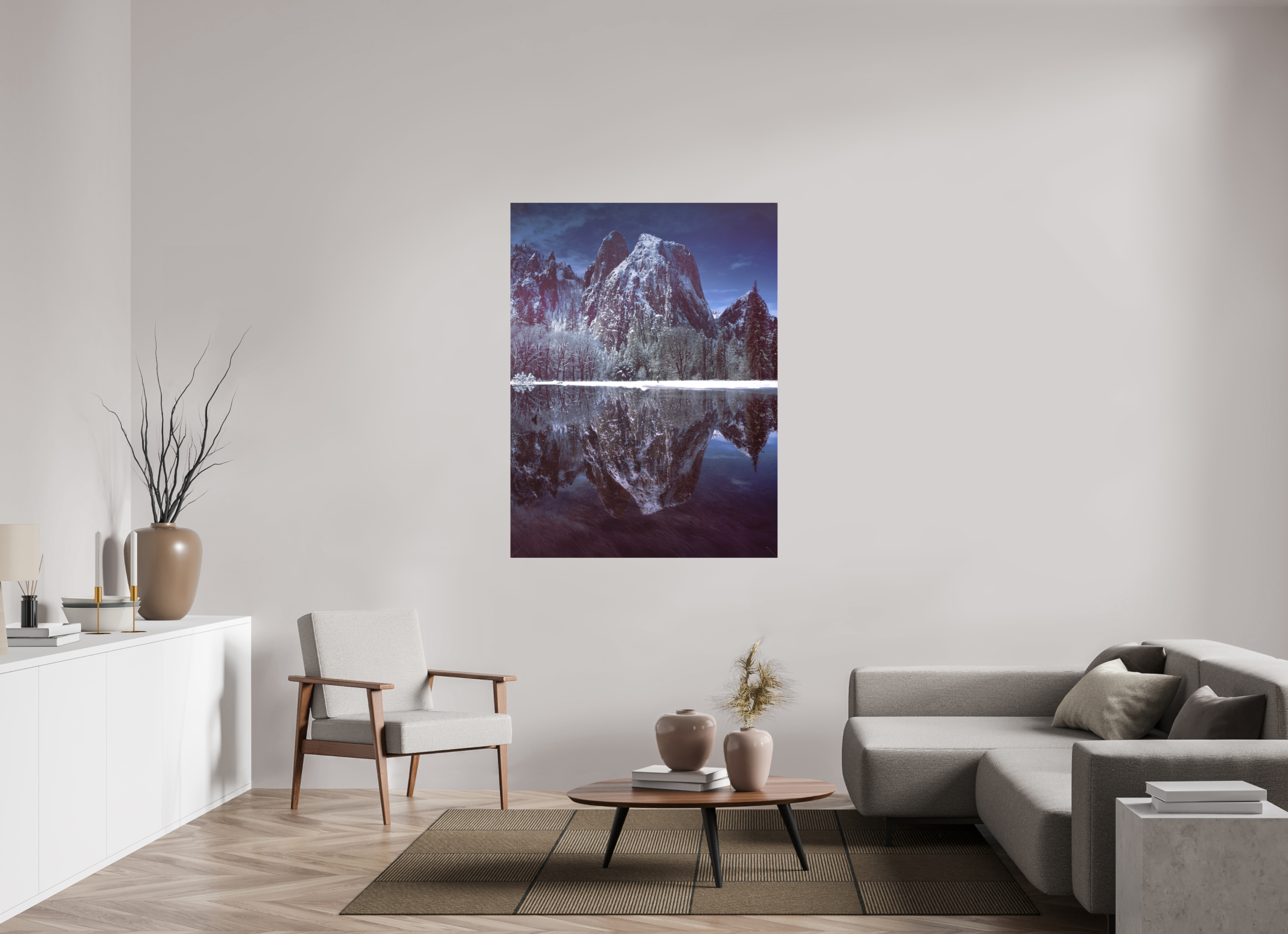 42 x 56″, Fine Art Textile Cathedral Rocks & Reflection in Snow
