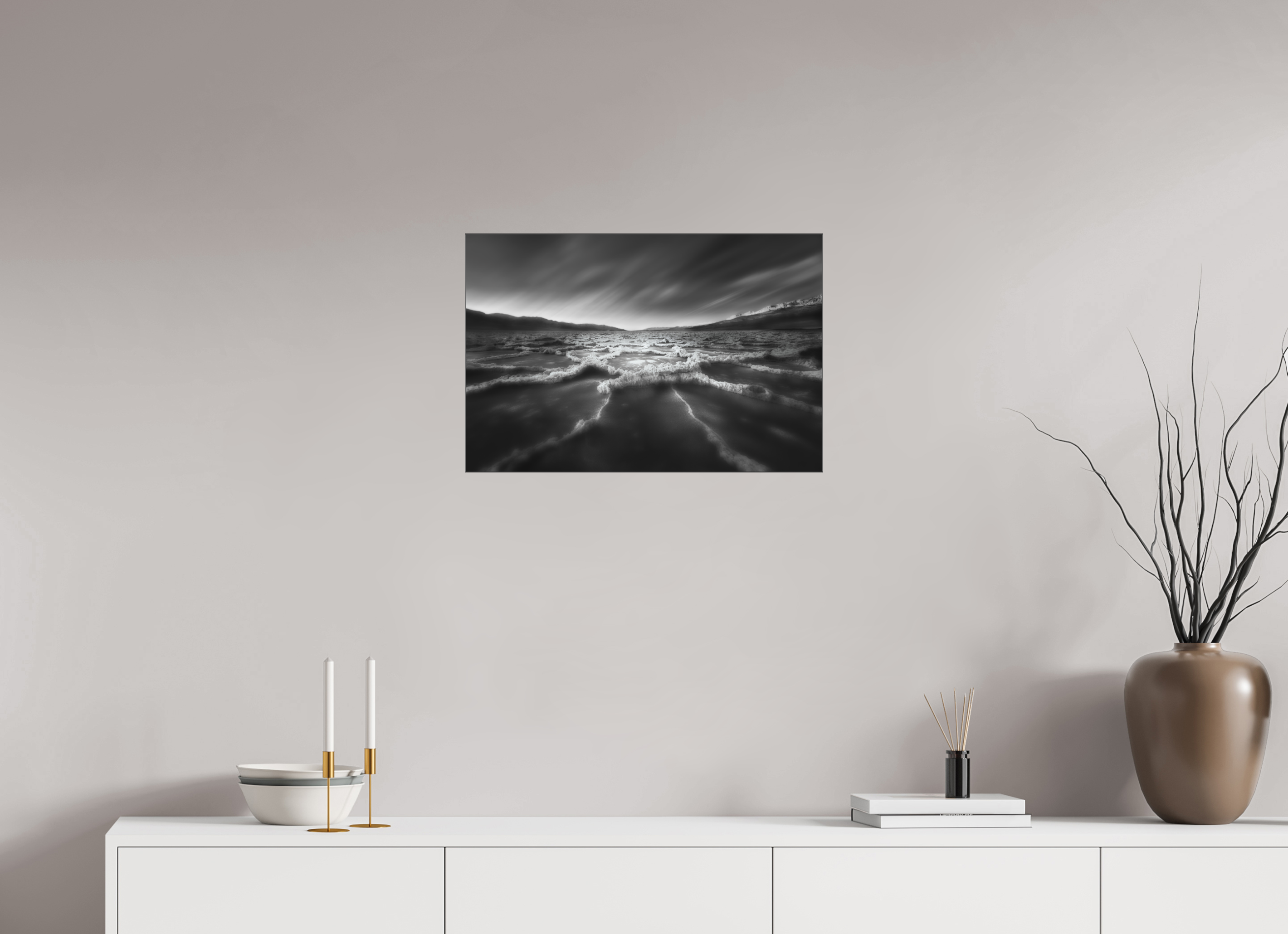 24 x 16″, Bonded Acrylic Black Frame Death Valley's Badwater Basin in Monochrome