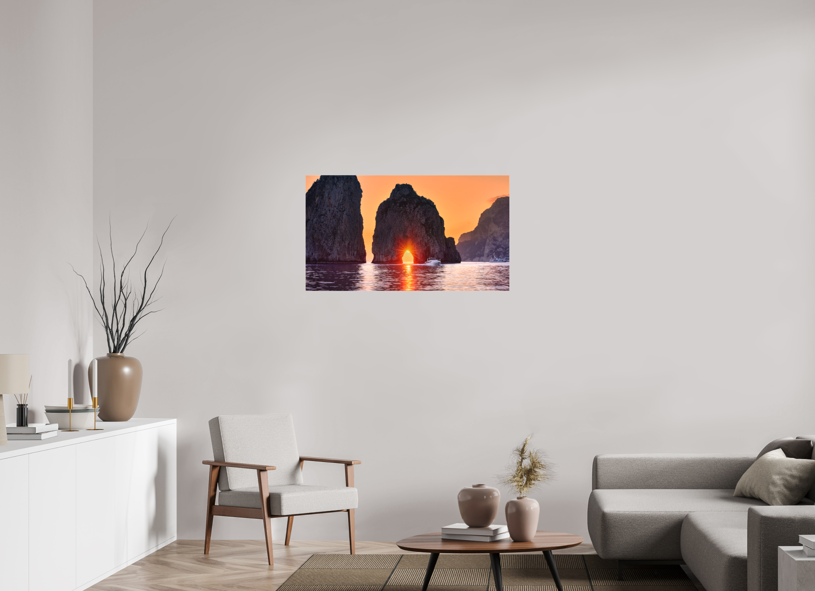 40 x 22.5″, Fine Art Textile Leaving Capri—Faraglioni Sunstar at Sunset