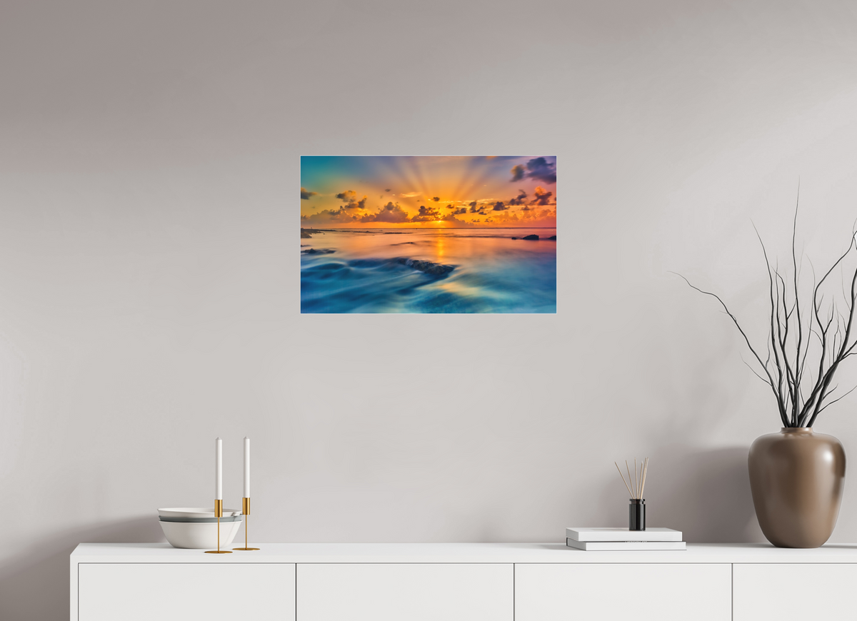 25.9 x 16″, Bonded Acrylic Silver Frame Diluvian: Bora Bora Reefside Sunrise
