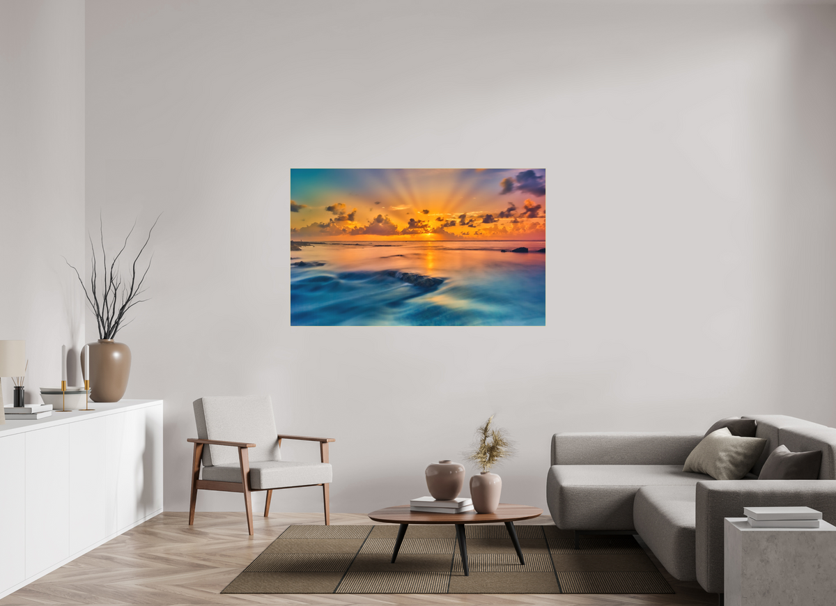 63.2 x 39″, Bonded Acrylic Gold Frame Diluvian: Bora Bora Reefside Sunrise