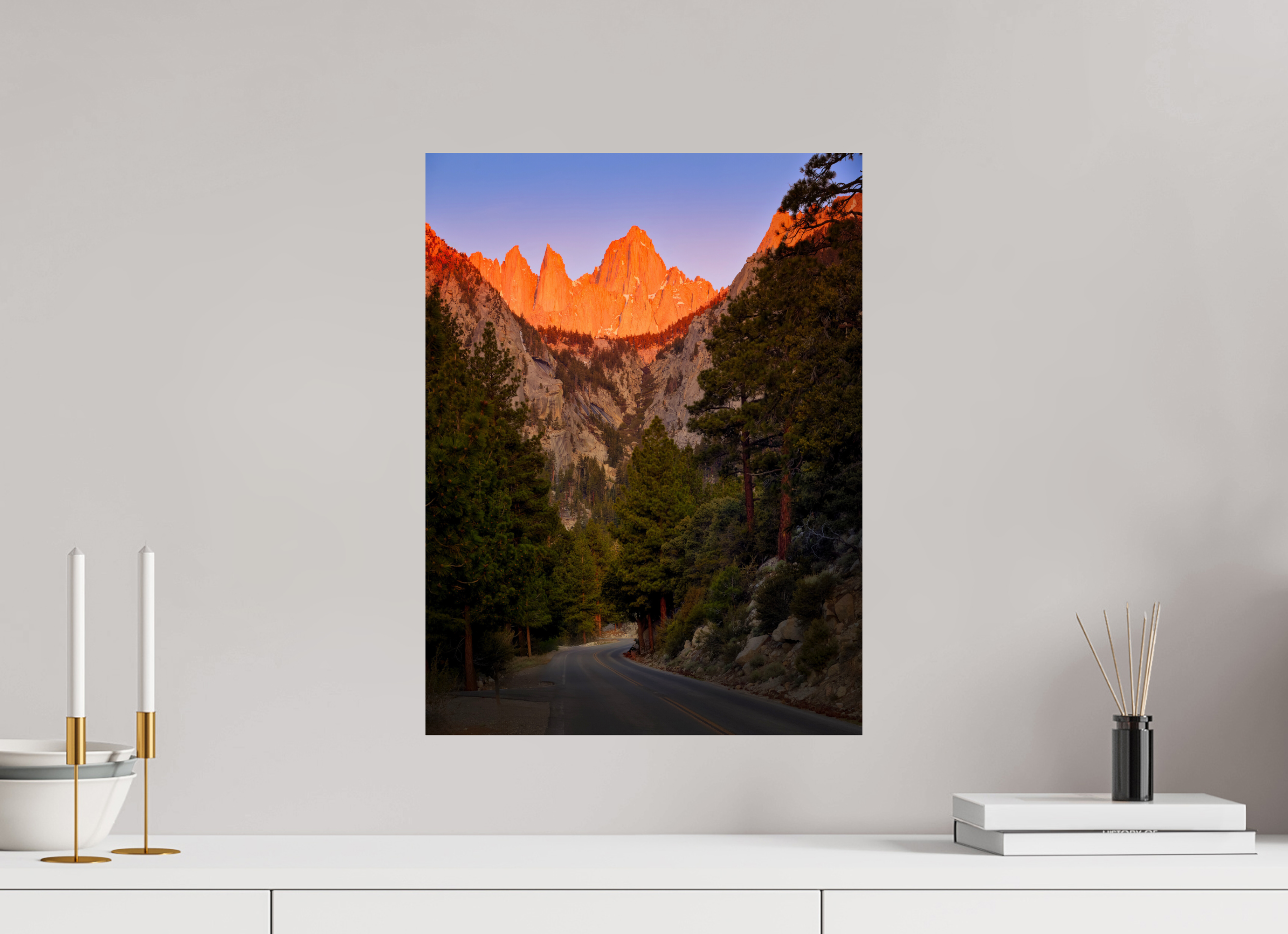 15 x 20″, Giclée Alu-Dibond Alpenglow on Mt. Whitney & Portal Road