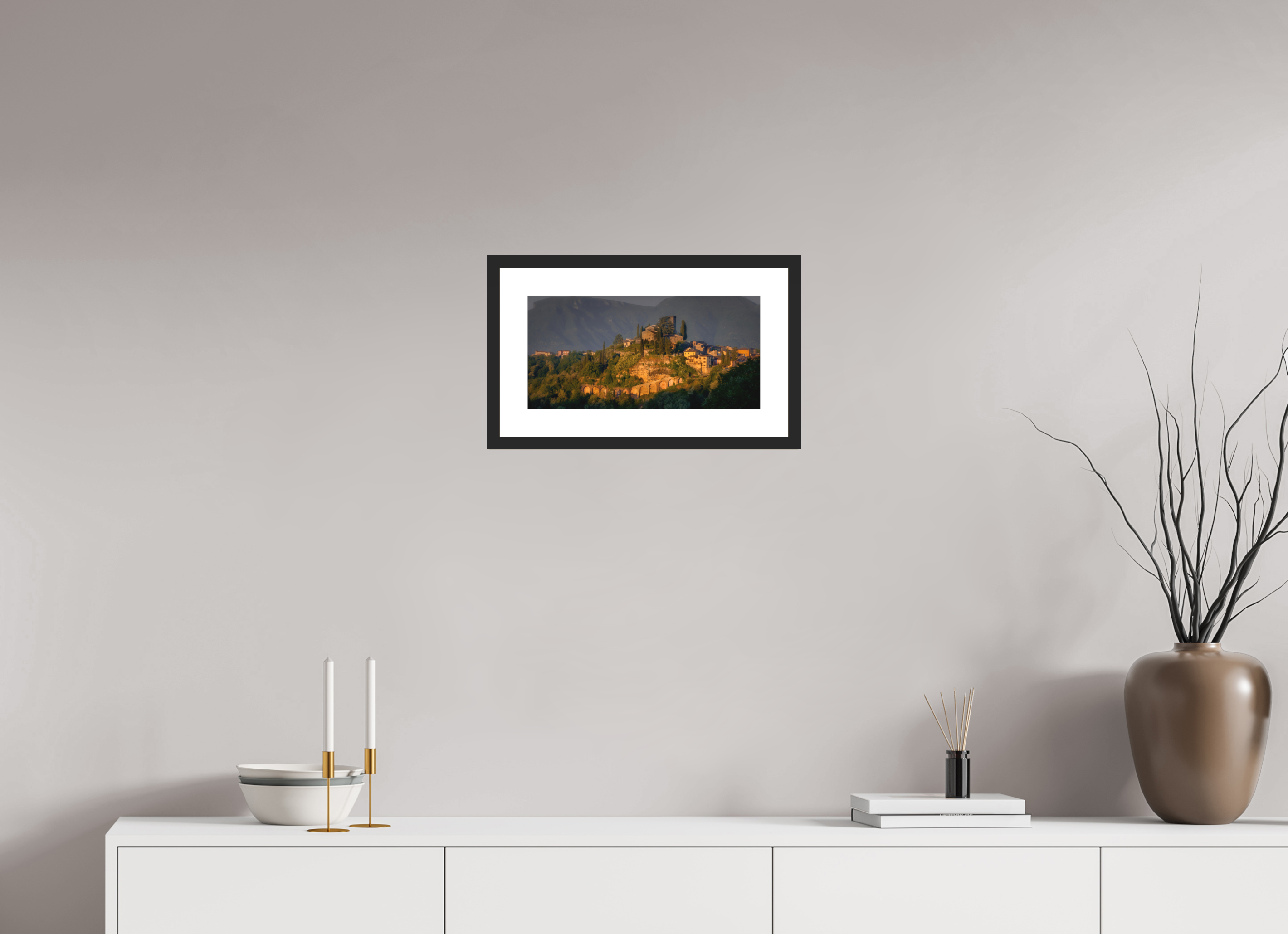 16 x 8″, Passe-Partout Black Frame Morning Glow on Barga, Tuscany