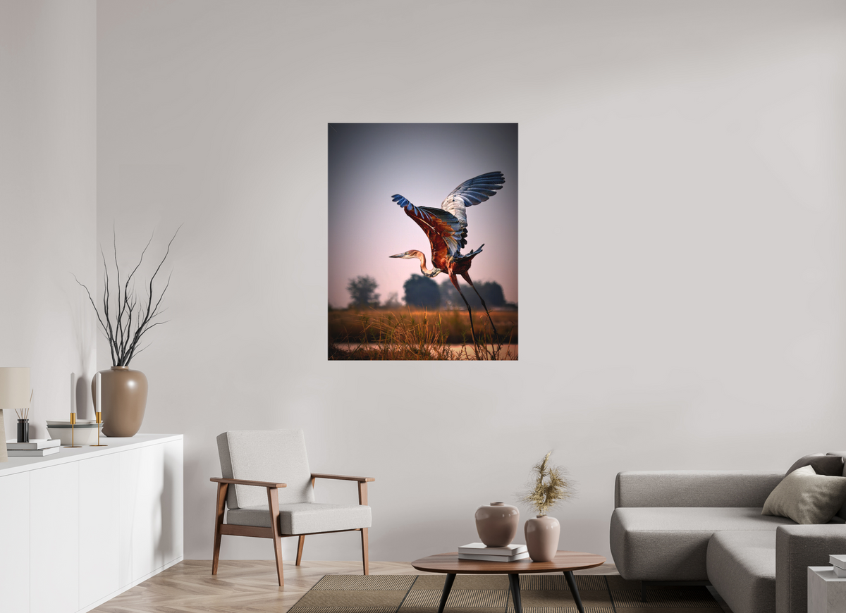 36 x 45″, Fine Art Textile Goliath Heron Takes Flight on the Chobe River
