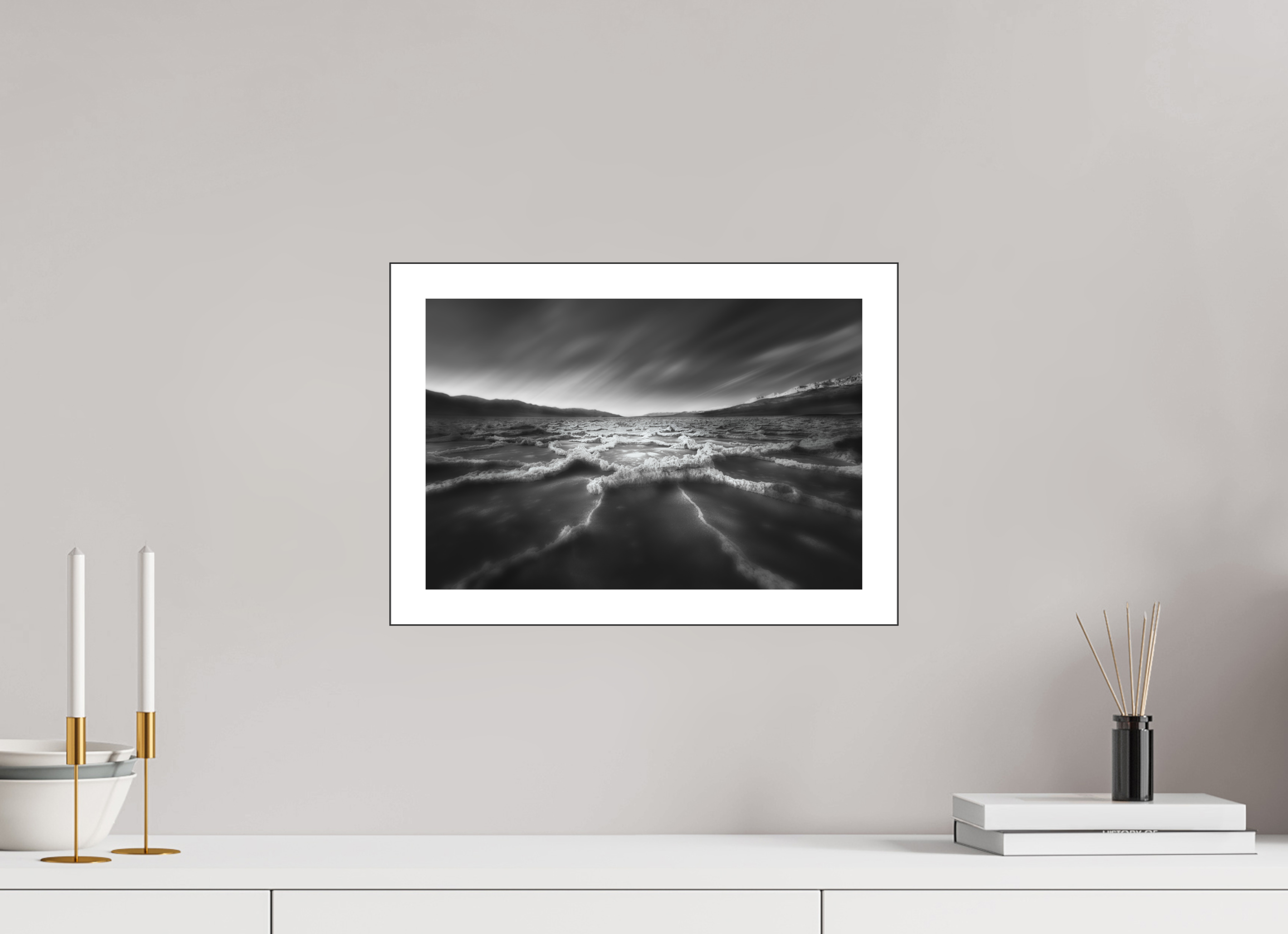 15 x 10″, Bonded Acrylic Mat + Black Frame Death Valley's Badwater Basin in Monochrome