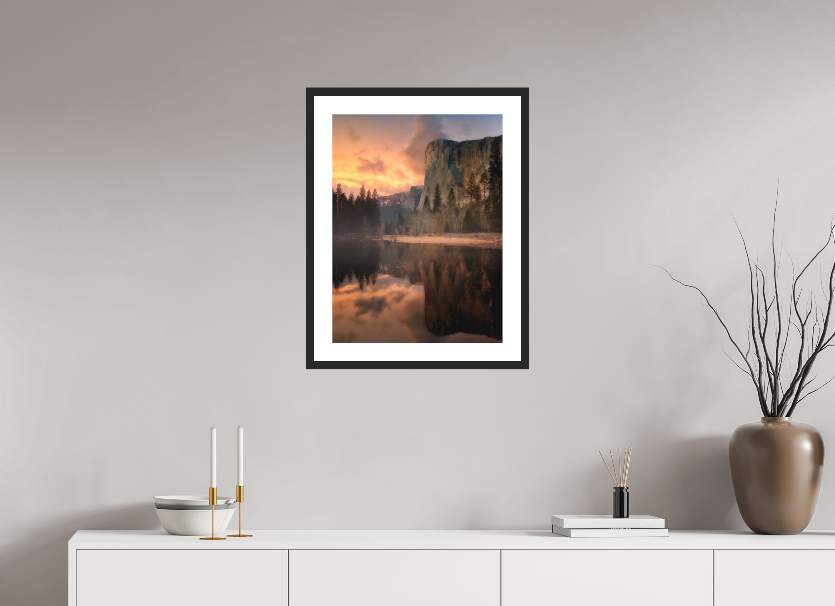 18 x 24″, Passe-Partout Black Frame Sunset & Storm Over El Capitan