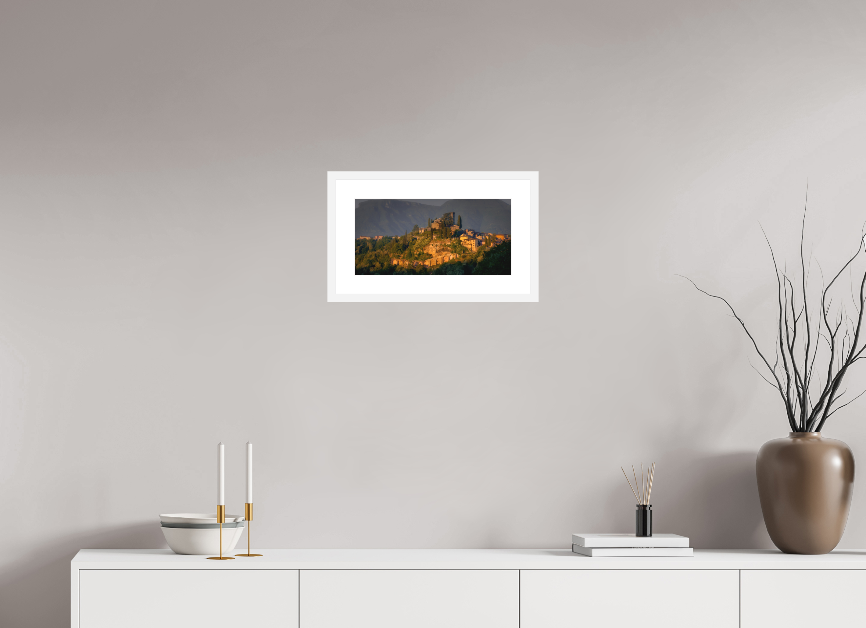 16 x 8″, Passe-Partout White Frame Morning Glow on Barga, Tuscany