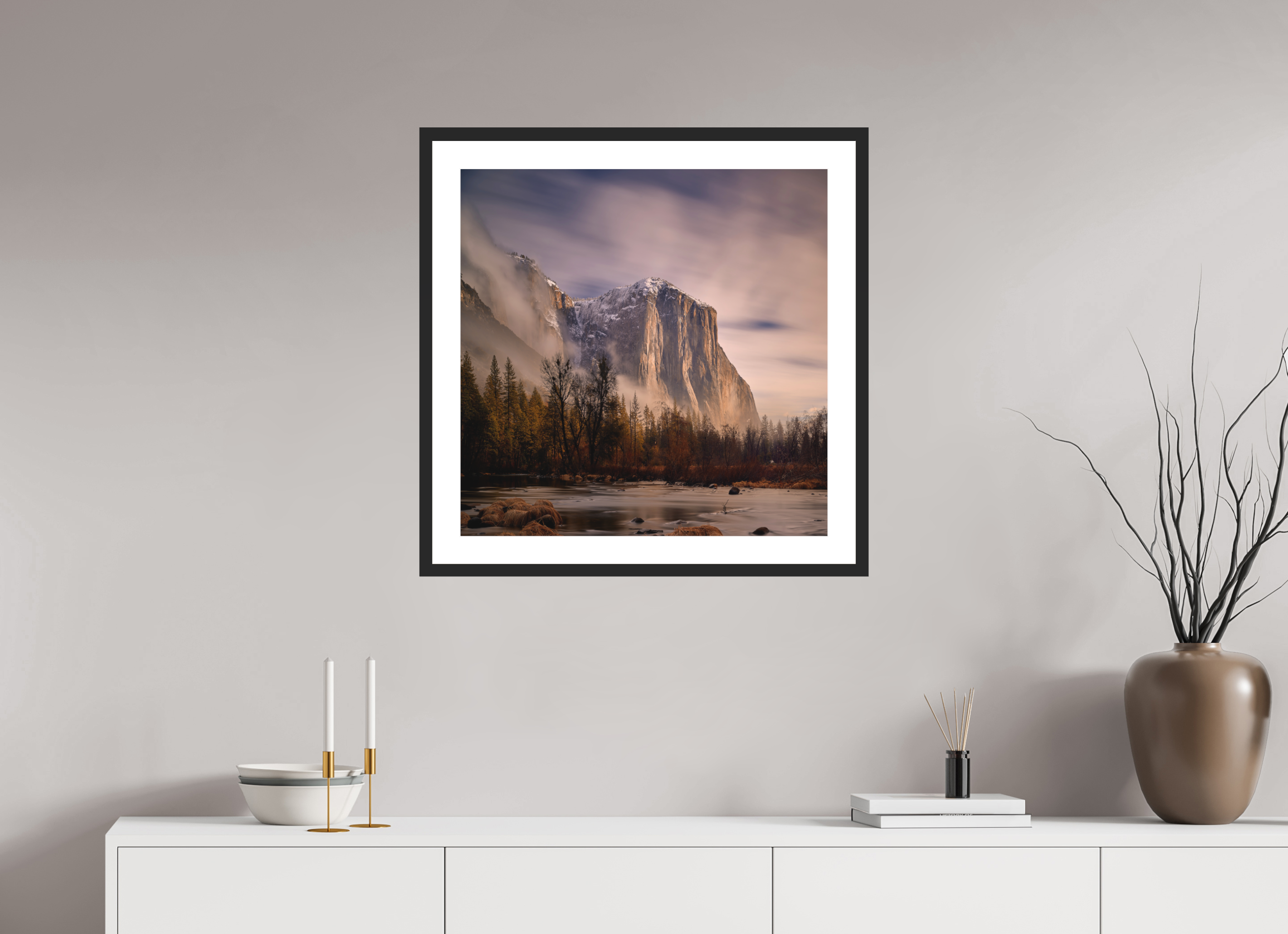 25 x 25″, Passe-Partout Black Frame El Capitan at Dawn