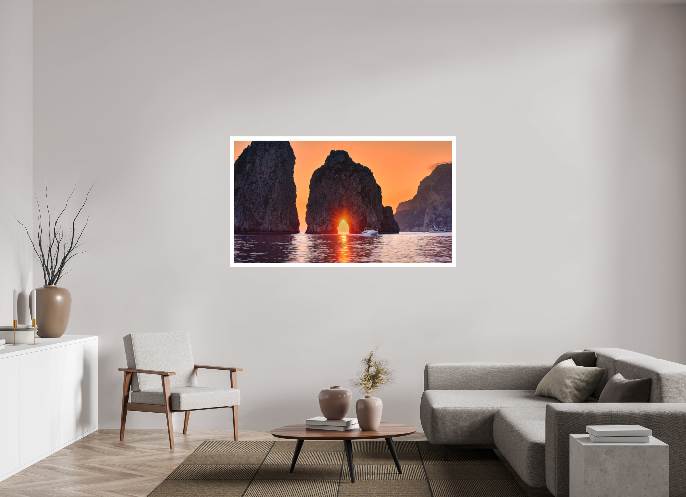 64 x 36″, Bonded Acrylic Mat + White Frame Leaving Capri—Faraglioni Sunstar at Sunset