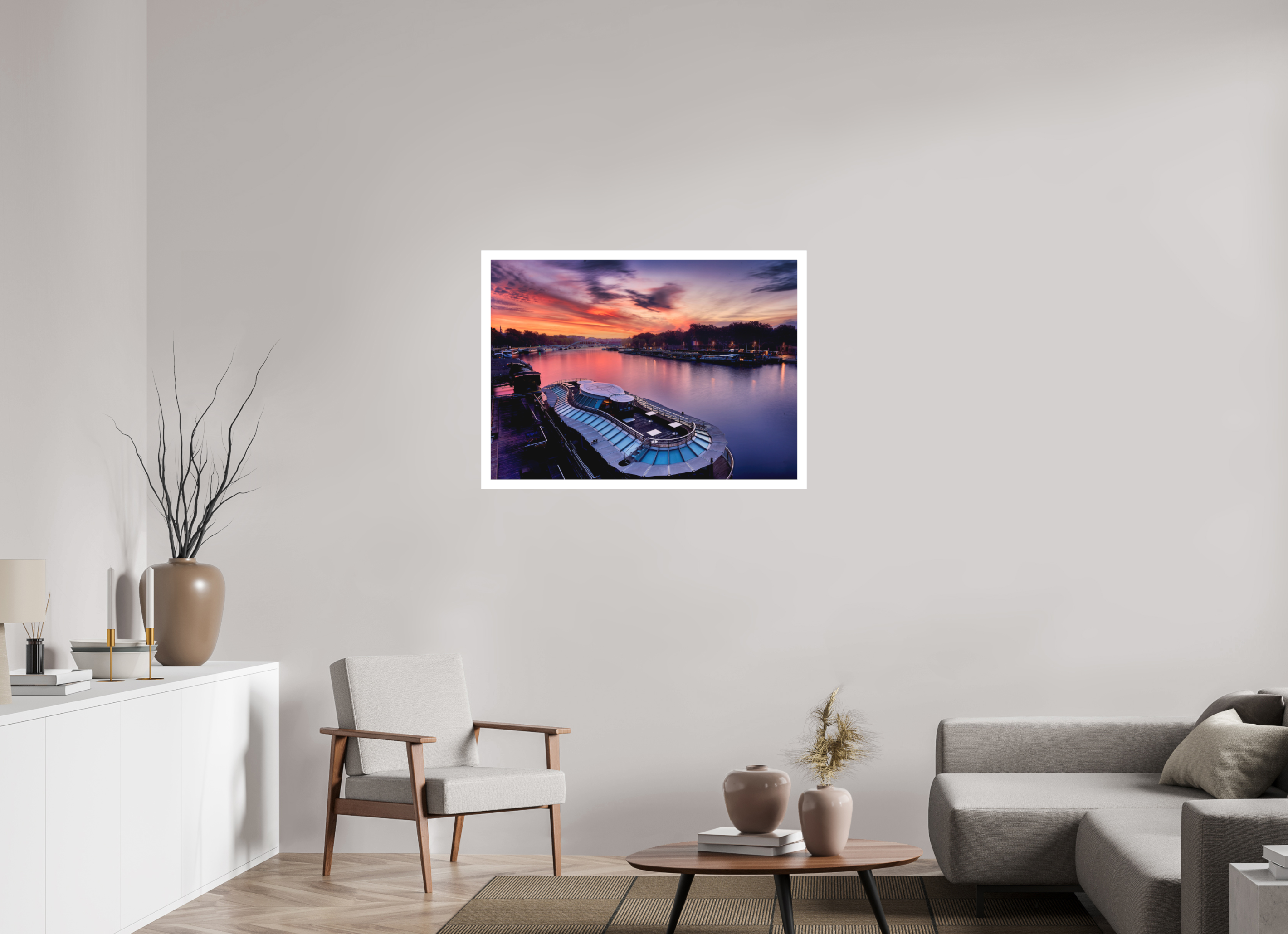 39.1 x 28″, Fine Art Bonded Acrylic Canal Boats On the River Seine at Dawn