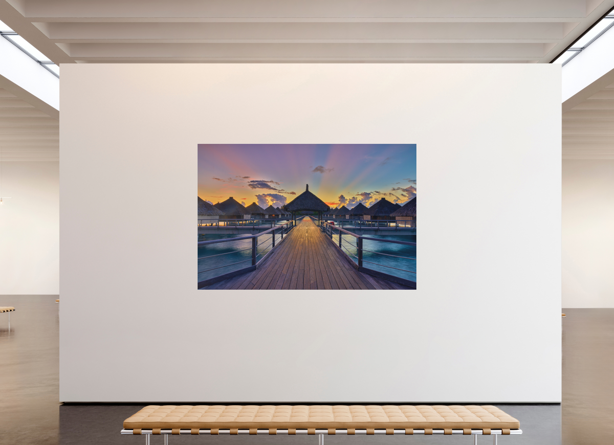 90 x 60″, Bonded Acrylic Silver Frame Sunrise Over Bora Bora Overwater Bungalows
