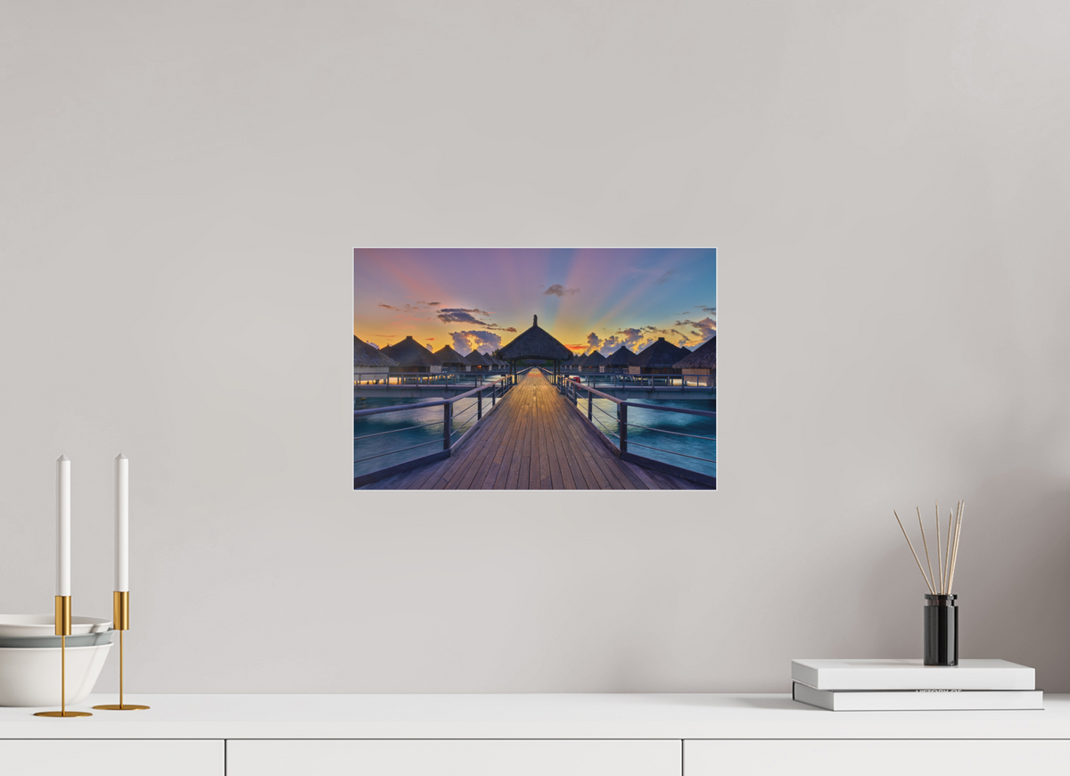 15 x 10″, Bonded Acrylic Silver Frame Sunrise Over Bora Bora Overwater Bungalows
