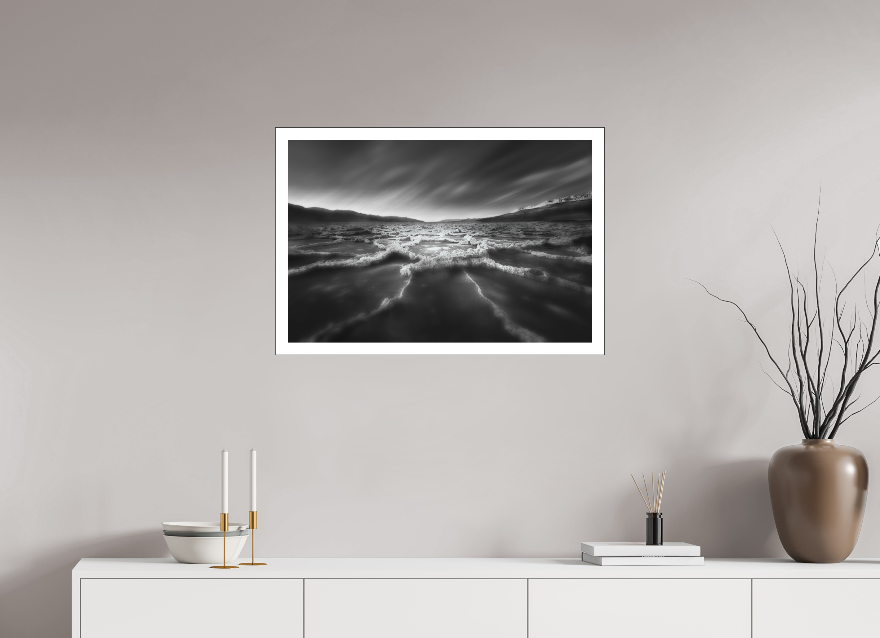 30 x 20″, Bonded Acrylic Mat + Black Frame Death Valley's Badwater Basin in Monochrome