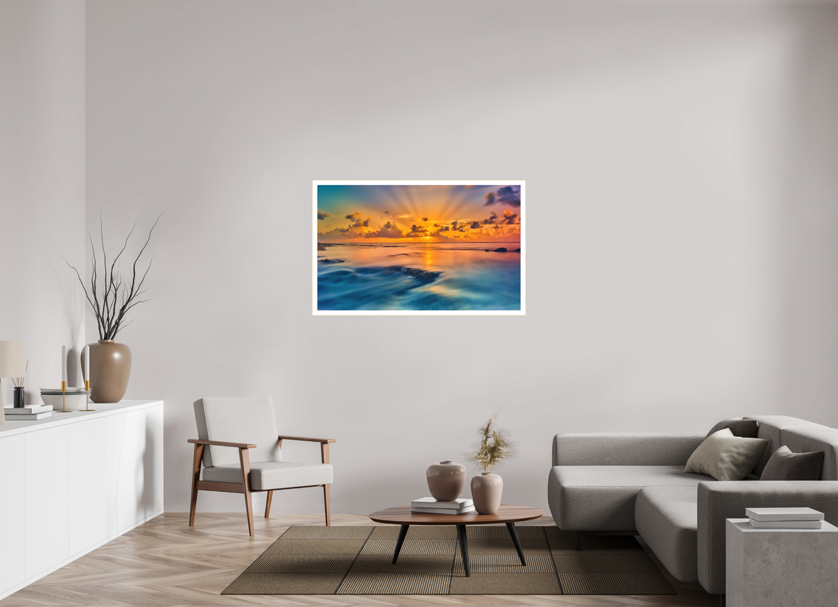 50.2 x 31″, Bonded Acrylic Mat + Gold Frame Diluvian: Bora Bora Reefside Sunrise