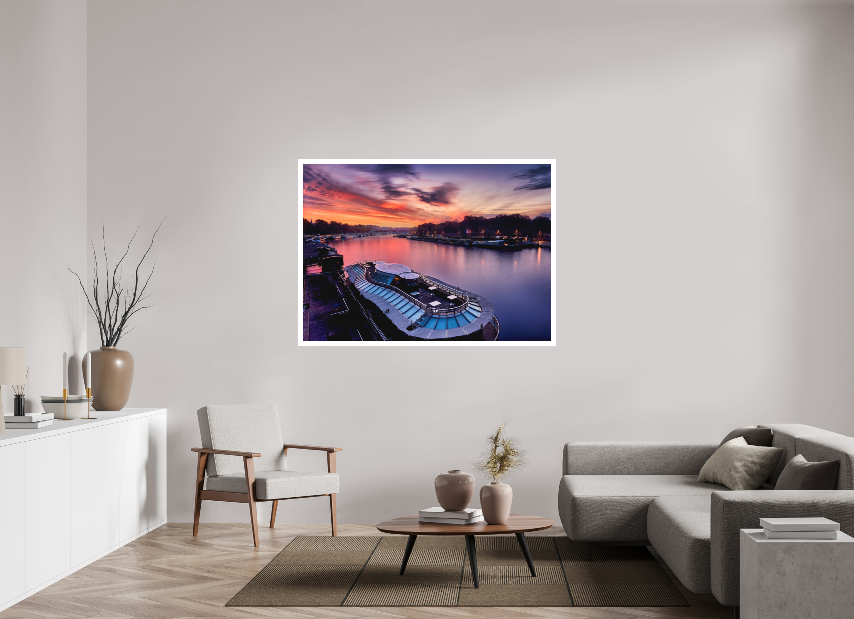 60 x 43″, Fine Art Bonded Acrylic Canal Boats On the River Seine at Dawn