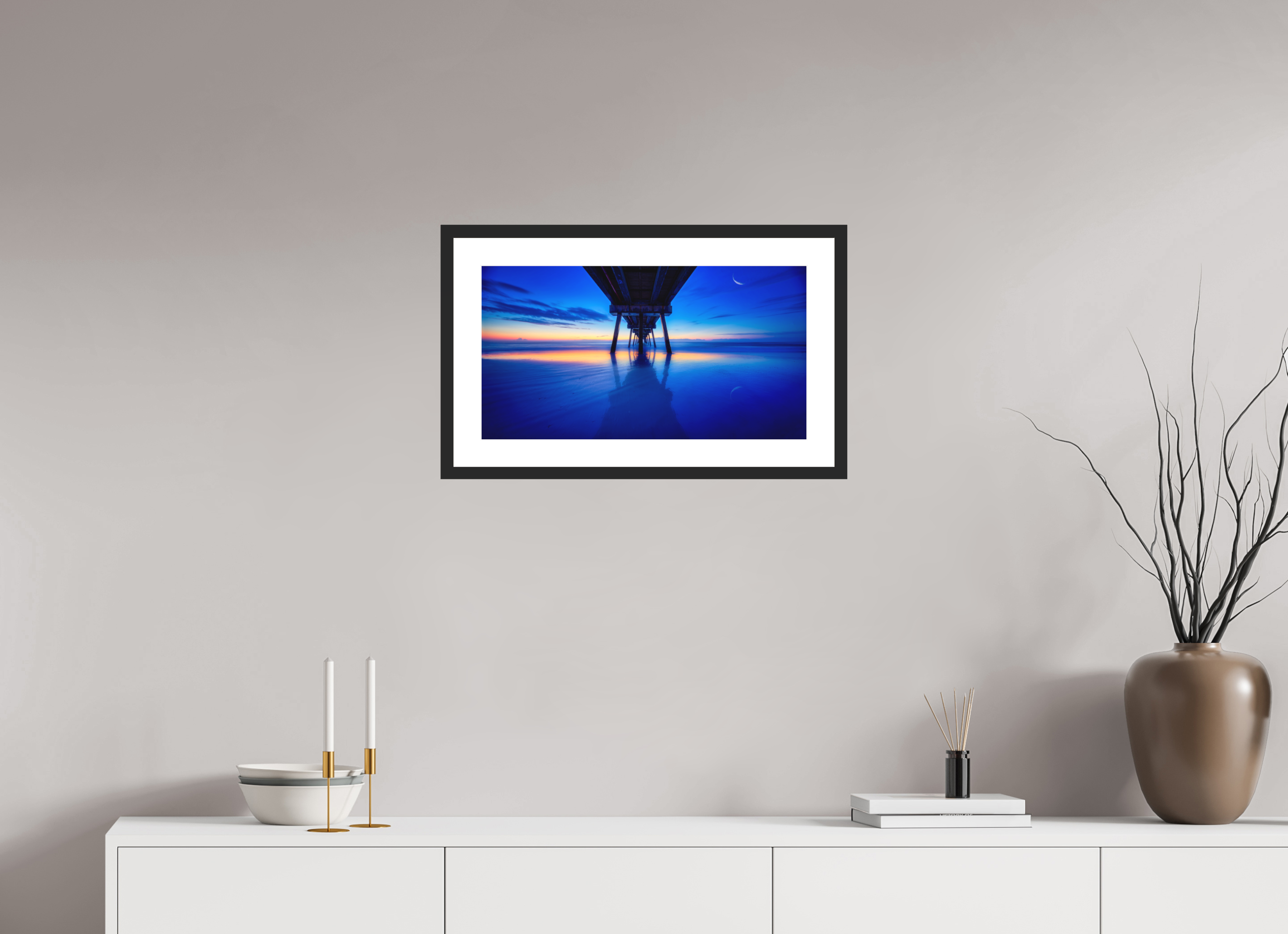 22.2 x 12″, Passe-Partout Black Frame Dawn at The Jax Pier