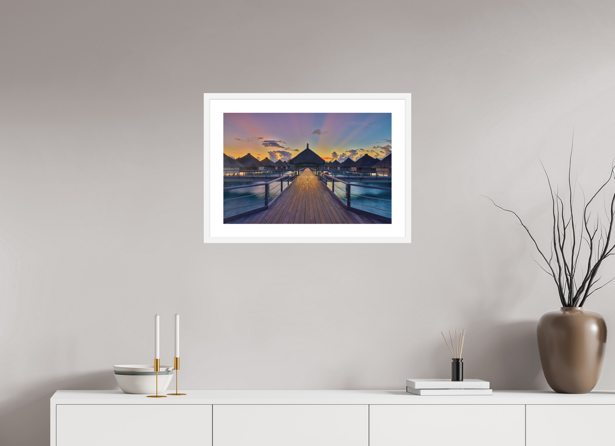 24 x 16″, Passe-Partout White Frame Sunrise Over Bora Bora Overwater Bungalows
