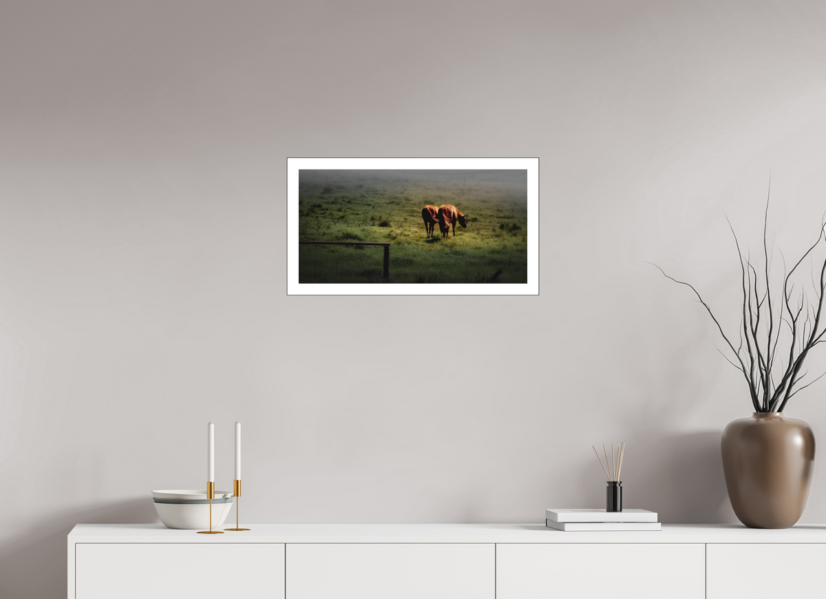 24 x 12″, Bonded Acrylic Mat + Black Frame Upcountry Maui: Horses in Mist & Light