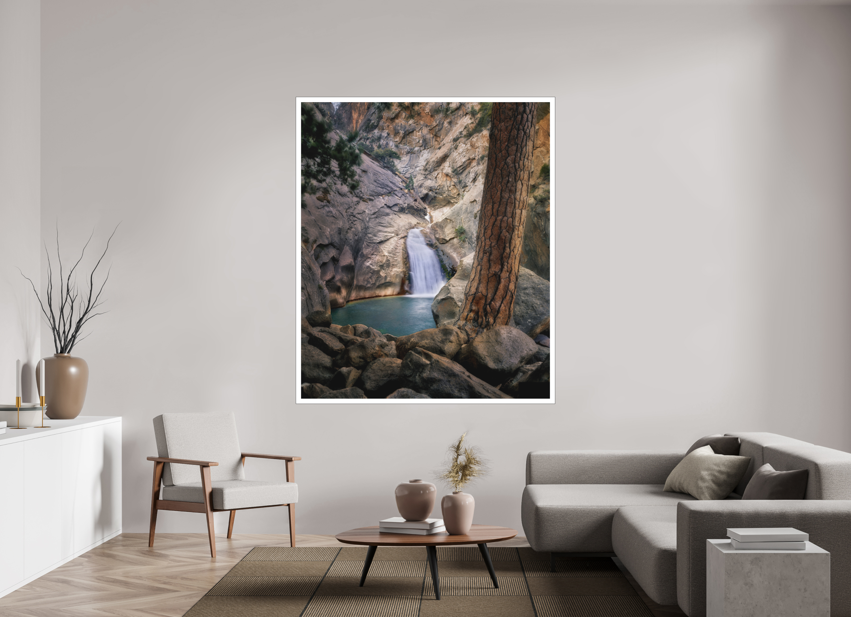 59 x 70.3″, Bonded Acrylic Mat + Black Frame Roaring River Falls I —Kings Canyon