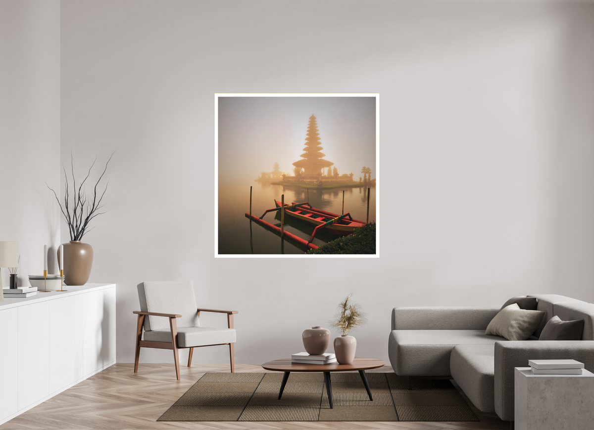55 x 55″, Bonded Acrylic Mat + Gold Frame Bali: Temple  Pura Ulun Danu Bratan