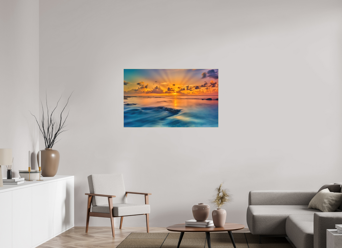 45.4 x 28″, Bonded Acrylic Gold Frame Diluvian: Bora Bora Reefside Sunrise