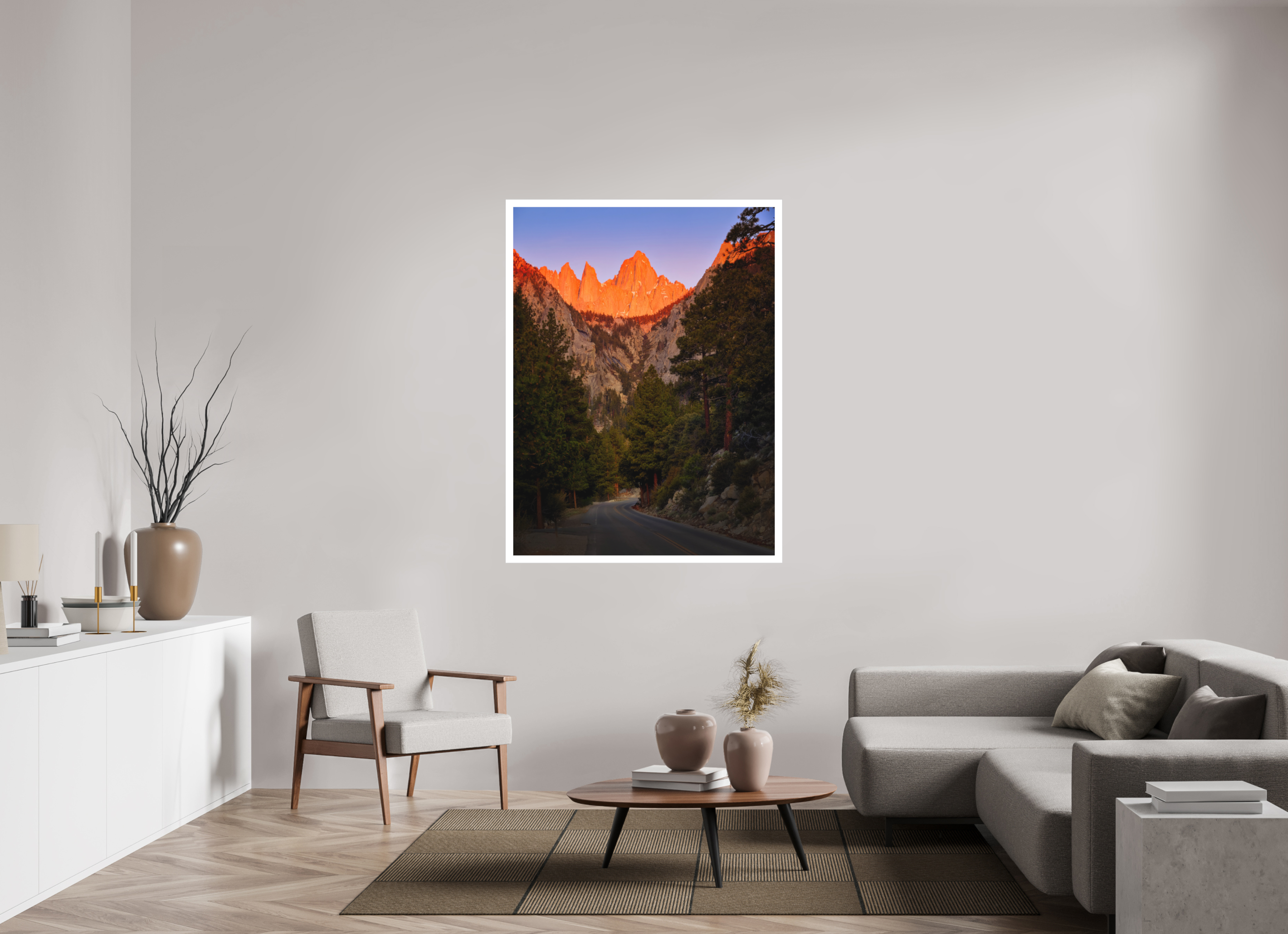 42 x 56″, Fine Art Bonded Acrylic Alpenglow on Mt. Whitney & Portal Road