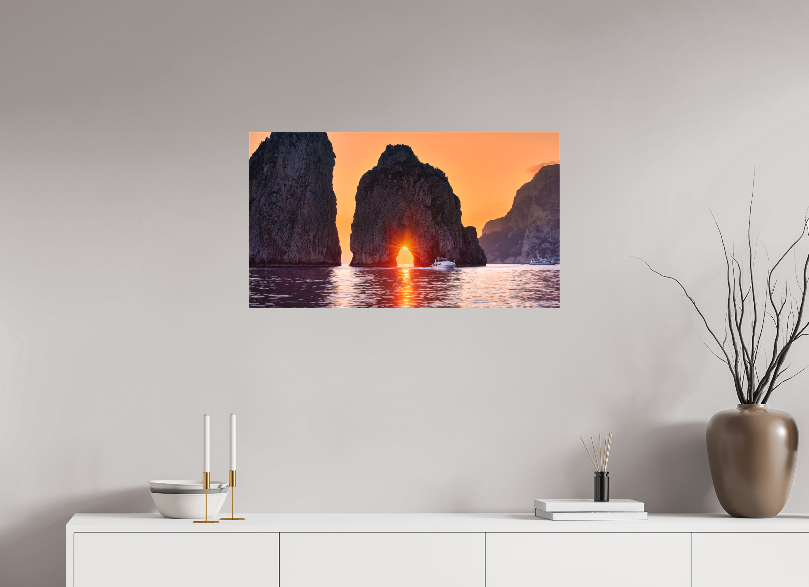 32 x 18″, Fine Art Textile Leaving Capri—Faraglioni Sunstar at Sunset