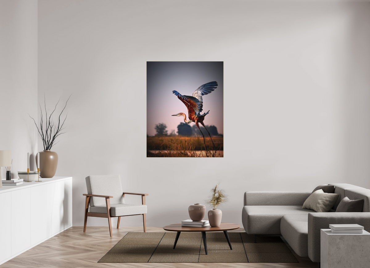 43 x 53.7″, Bonded Acrylic Gold Frame Goliath Heron Takes Flight on the Chobe River