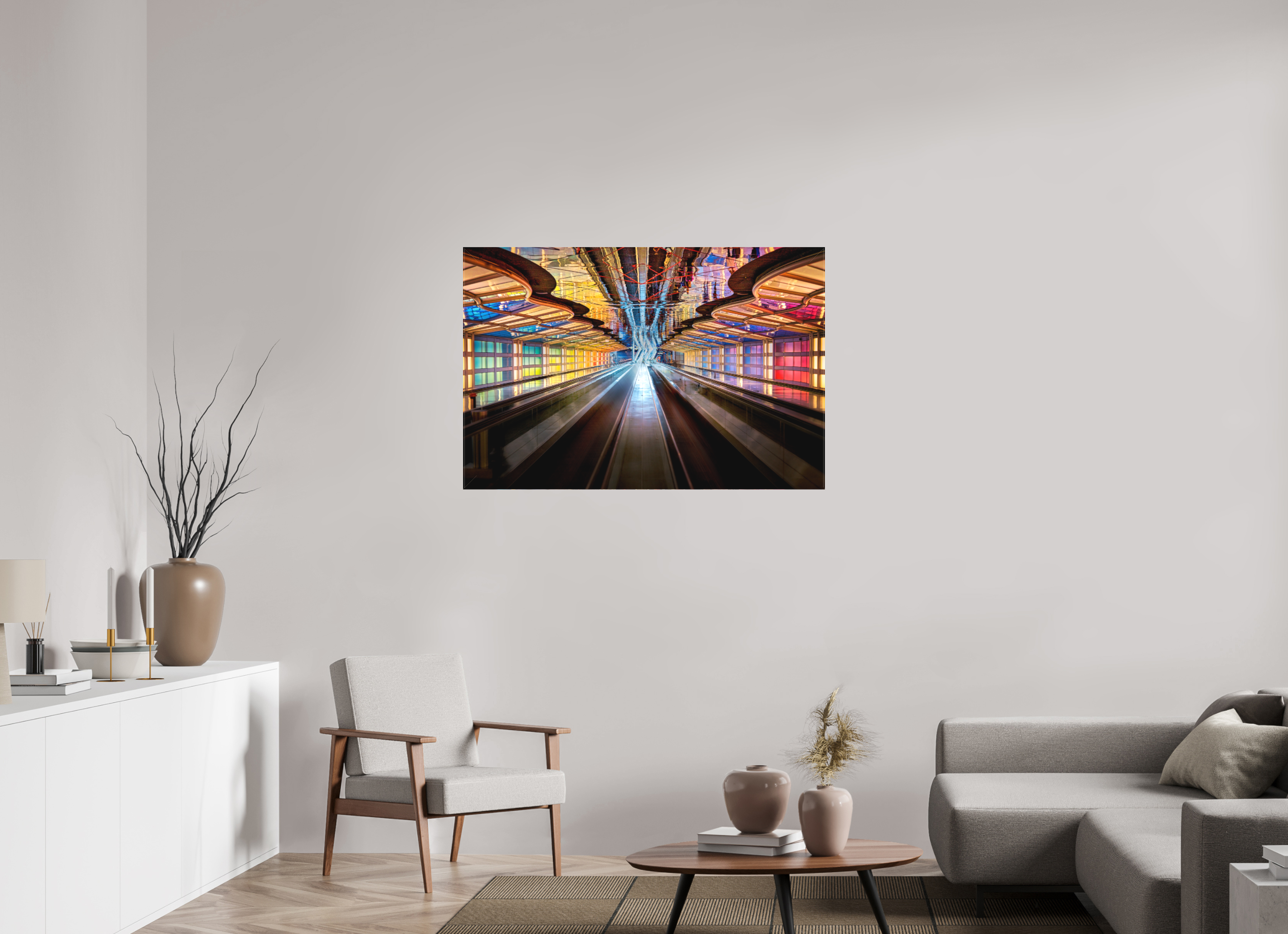 45 x 30″, Fine Art Textile Chicago O'Hare Airport's Neon Walkway