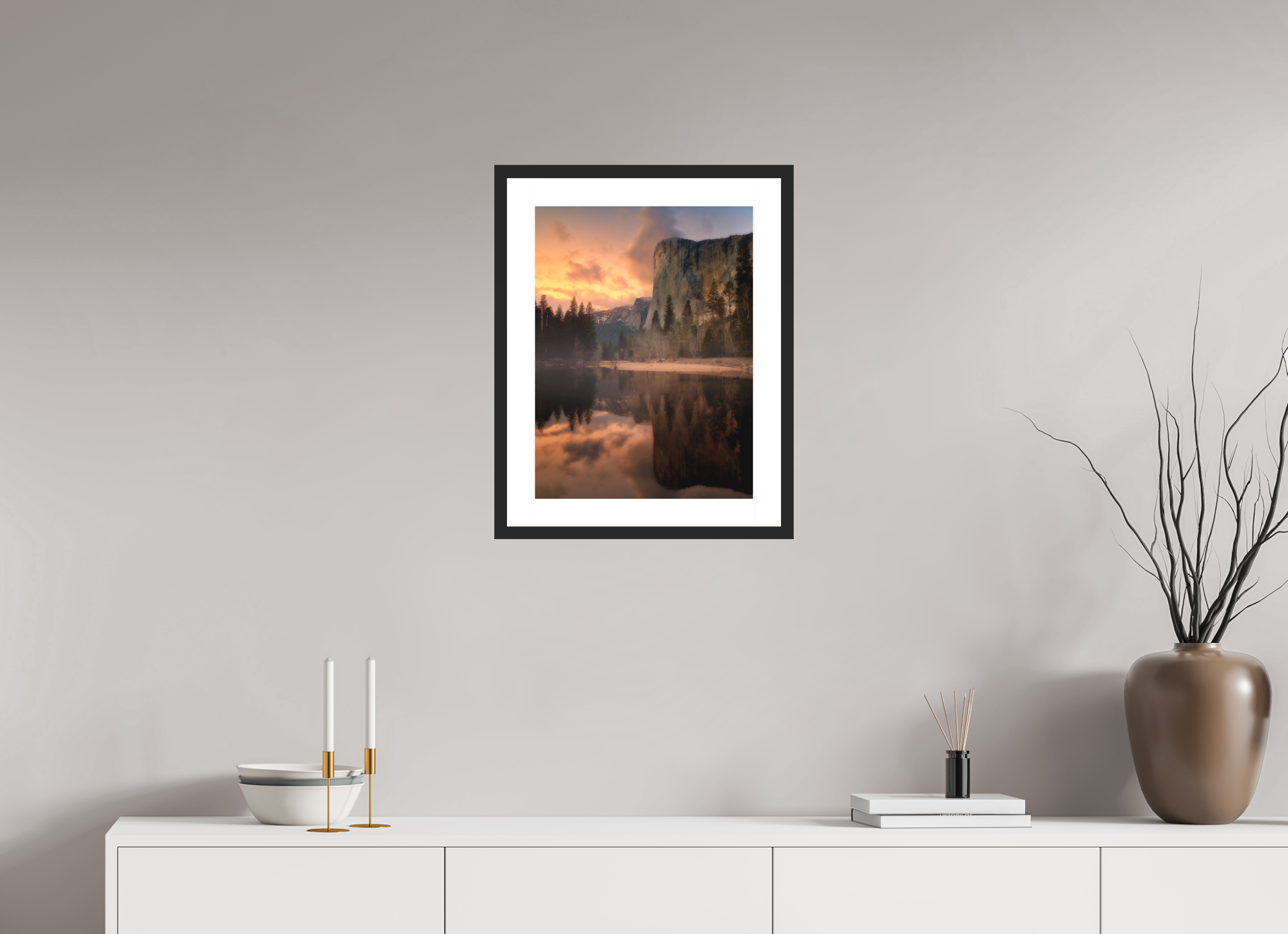 15 x 20″, Passe-Partout Black Frame Sunset & Storm Over El Capitan