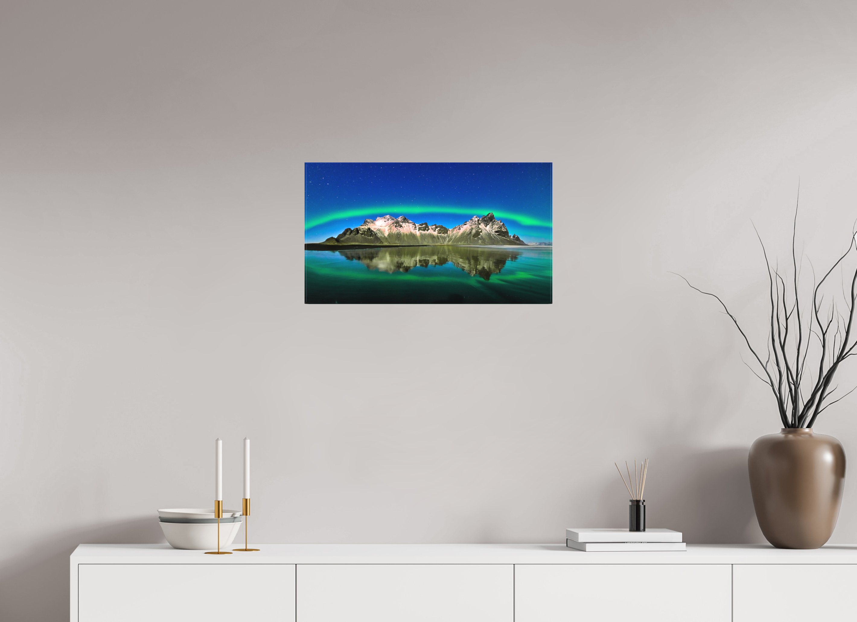 24 x 13.5″, Fine Art Textile Aurora Over Vestrahorn