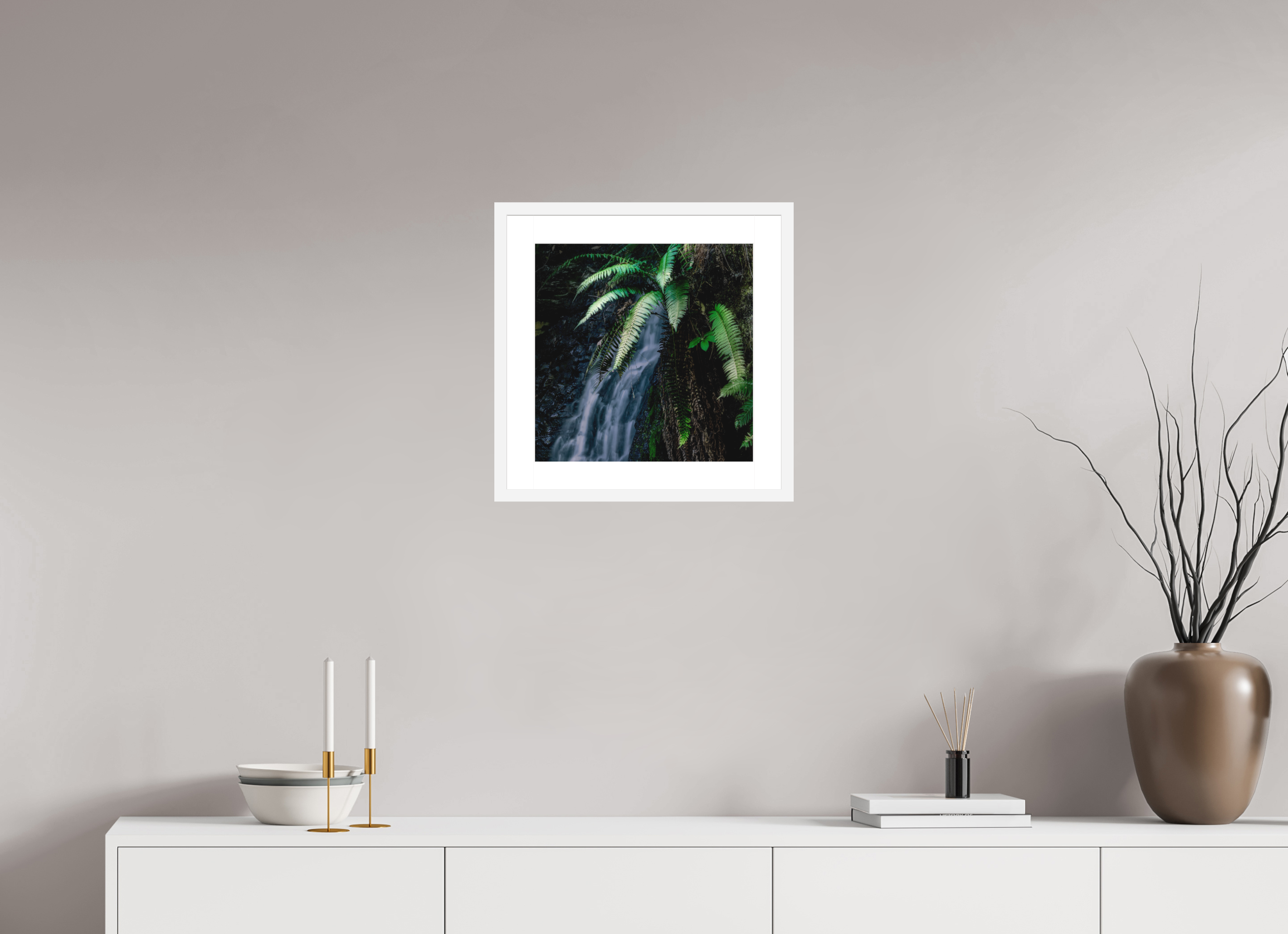 15 x 15″, Passe-Partout White Frame Sword Ferns on Tiptoe FallsI
