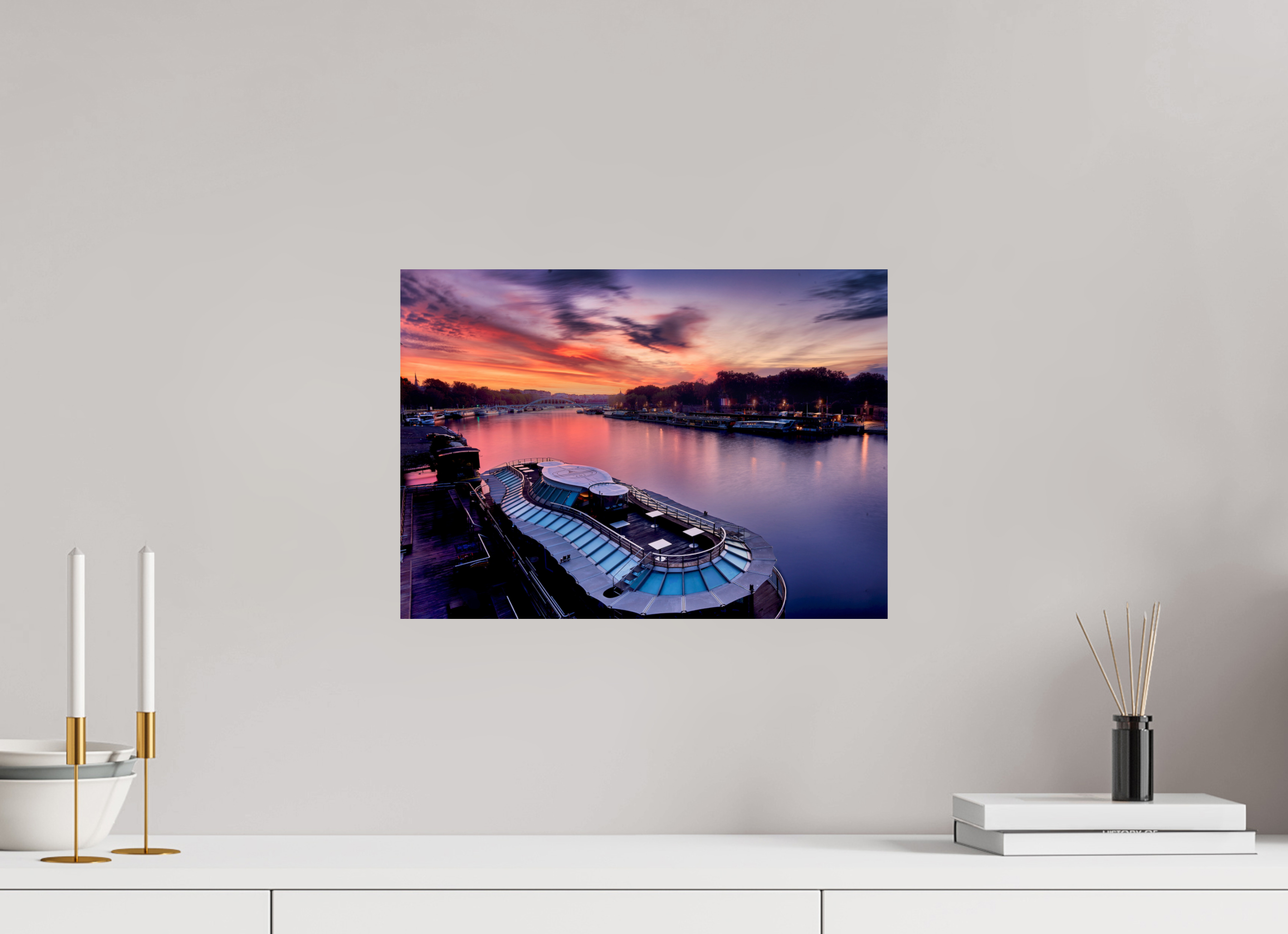 16.7 x 12″, Giclée Alu-Dibond Canal Boats On the River Seine at Dawn