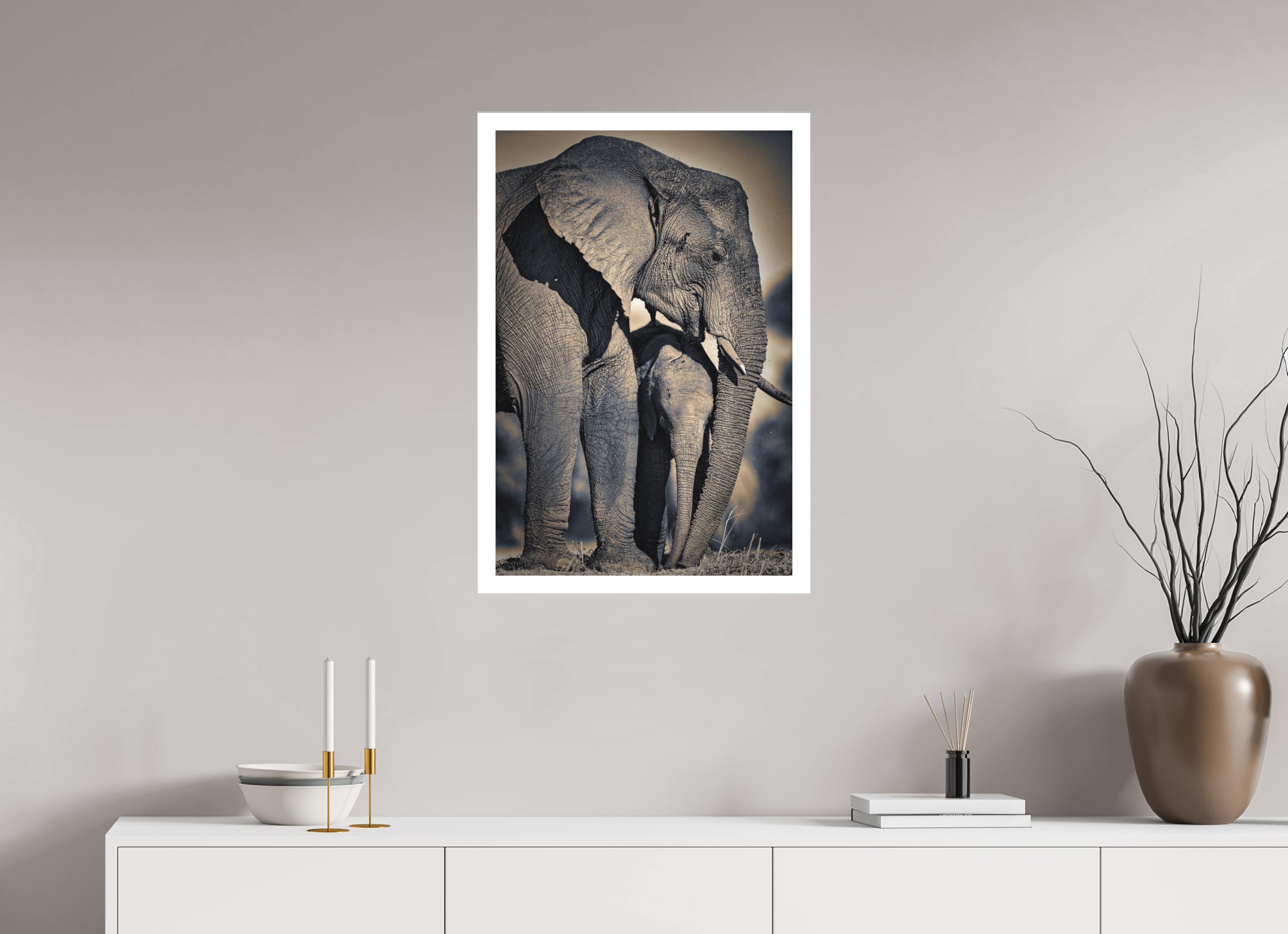 20 x 30″, Fine Art Bonded Acrylic Mother Elephant & Calf