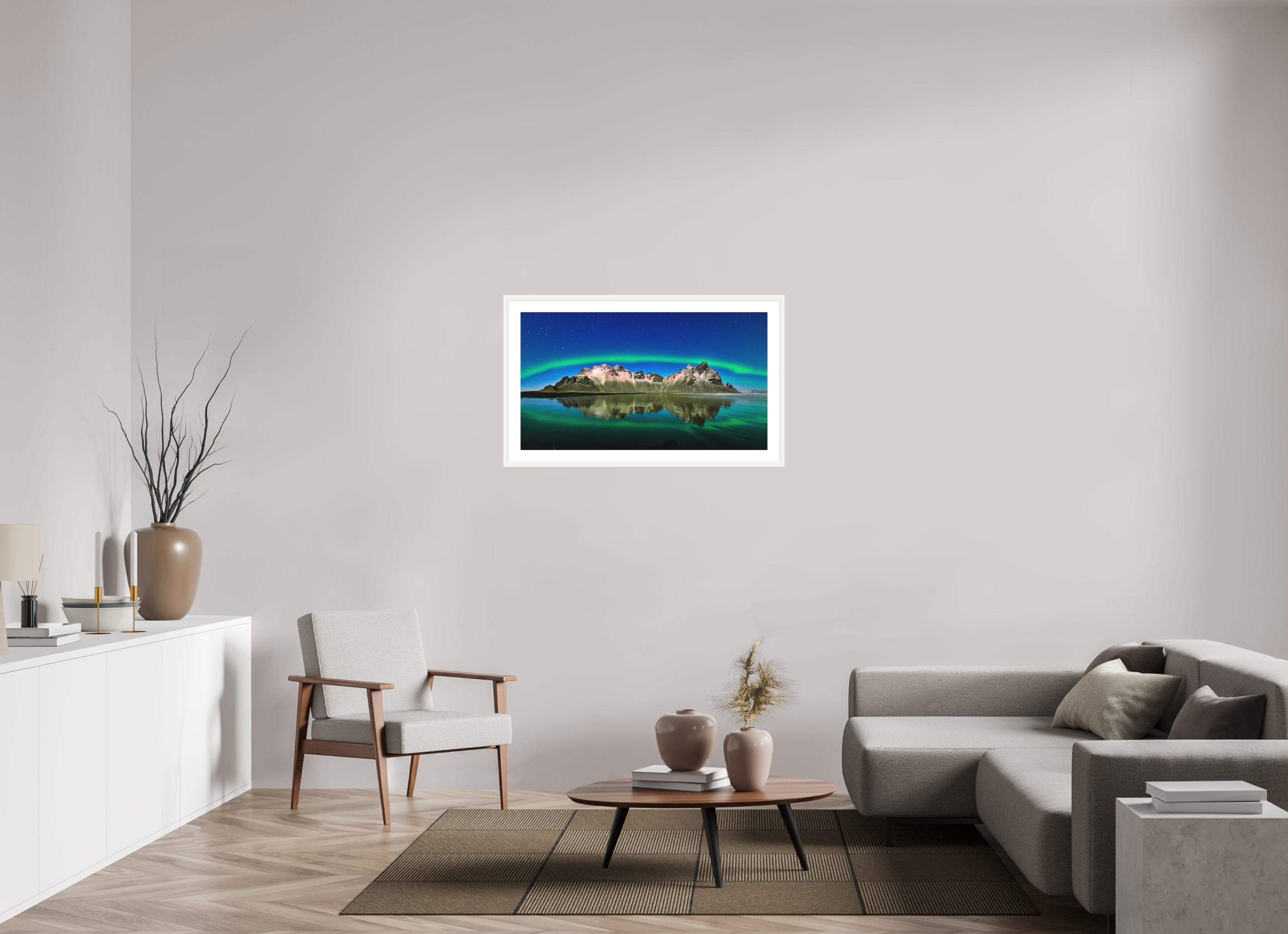 40 x 22.5″, Passe-Partout White Frame Aurora Over Vestrahorn