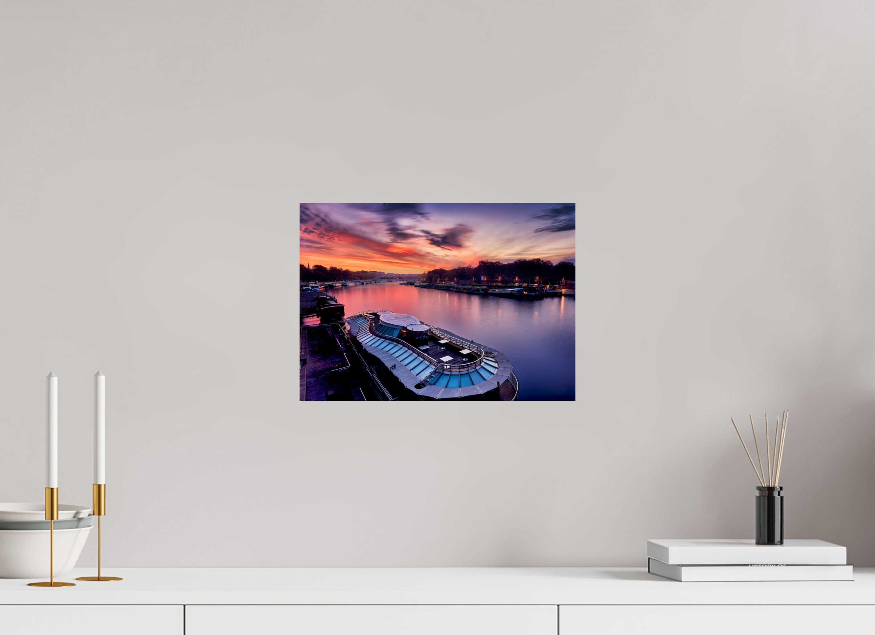 13.9 x 10″, Giclée Alu-Dibond Canal Boats On the River Seine at Dawn
