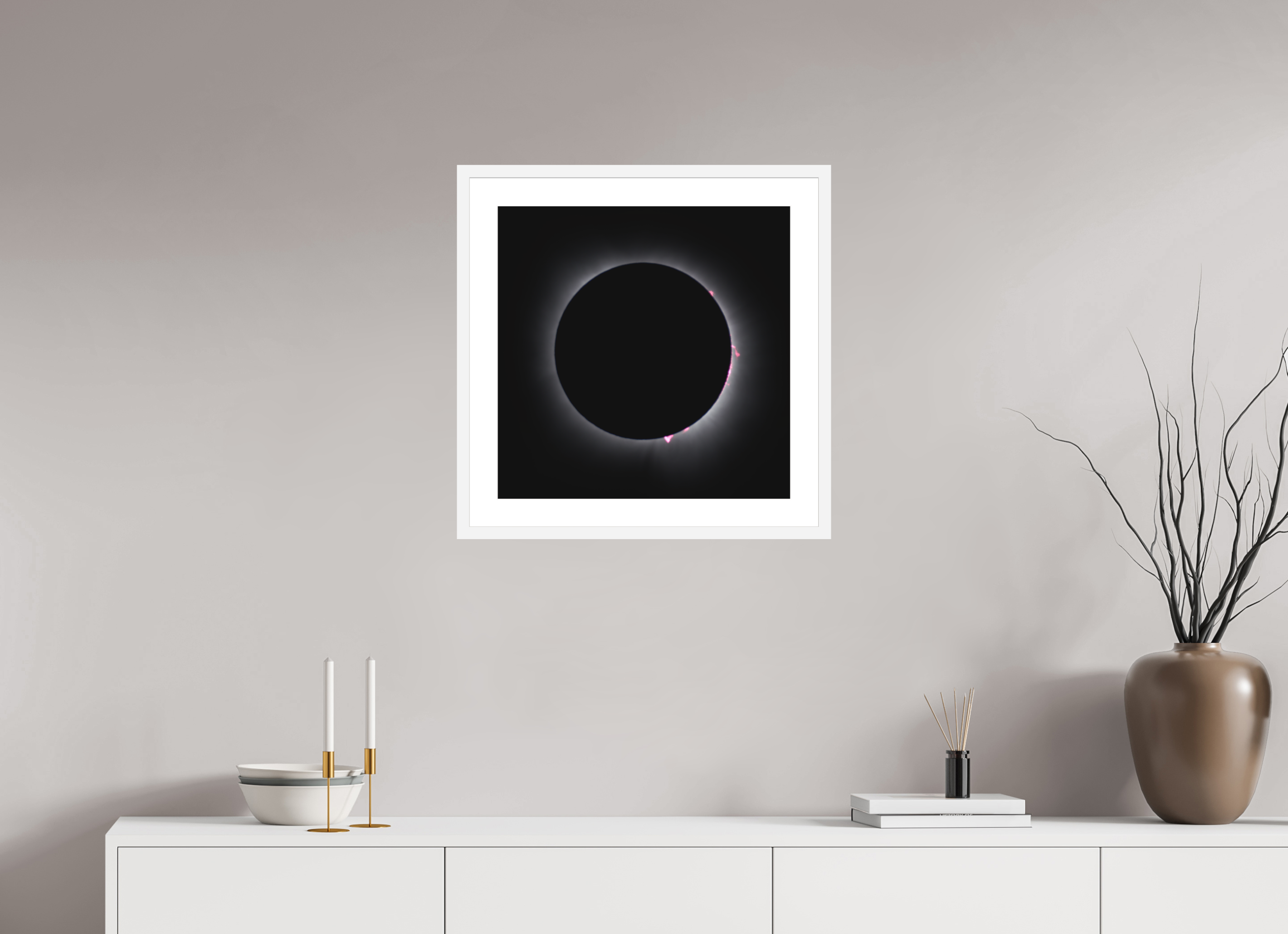 20 x 20″, Passe-Partout White Frame 2024 Eclipse: Totality & Baily's Beads
