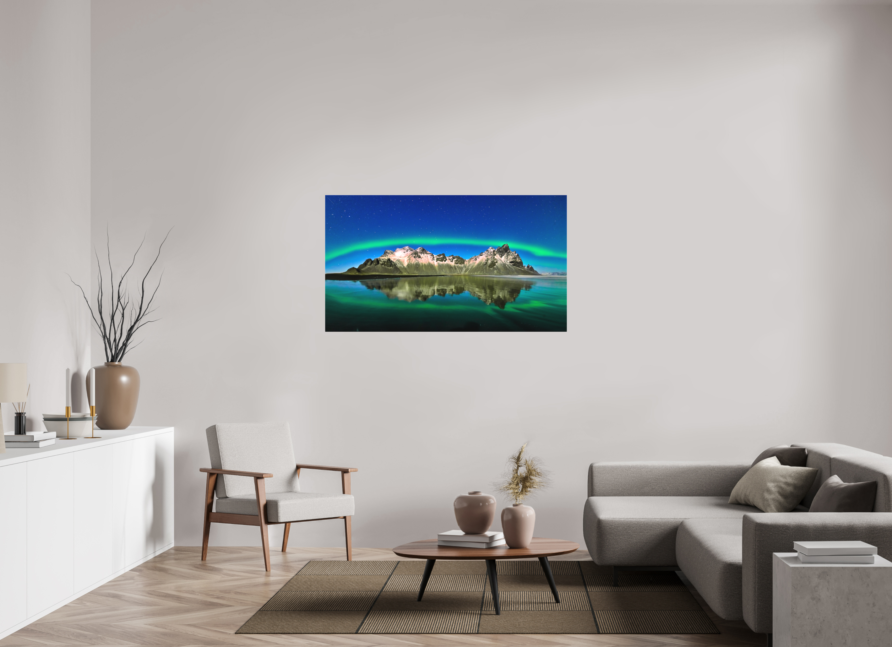 55 x 30.9″, Fine Art Textile Aurora Over Vestrahorn