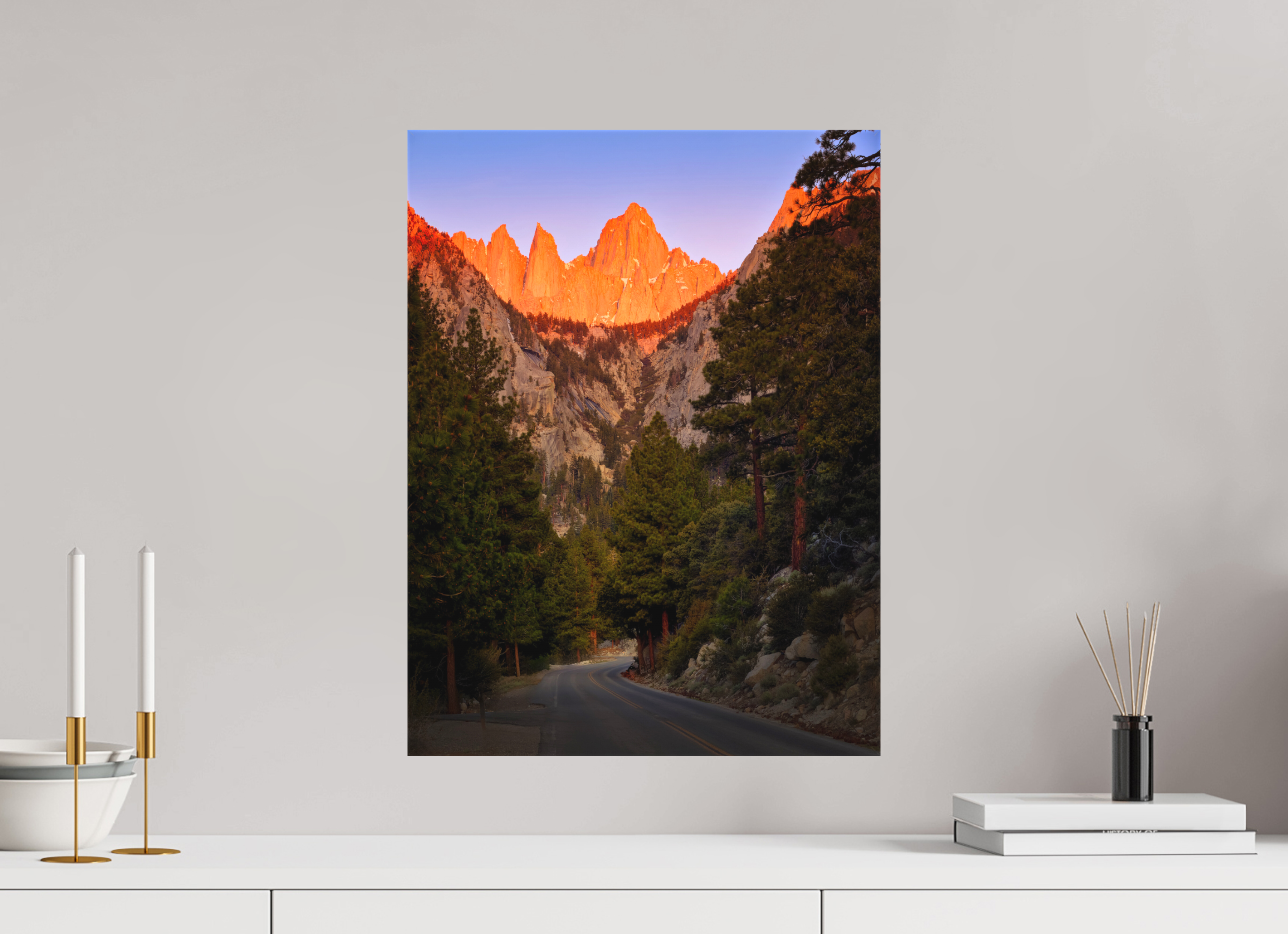 15 x 20″, Fine Art Textile Alpenglow on Mt. Whitney & Portal Road