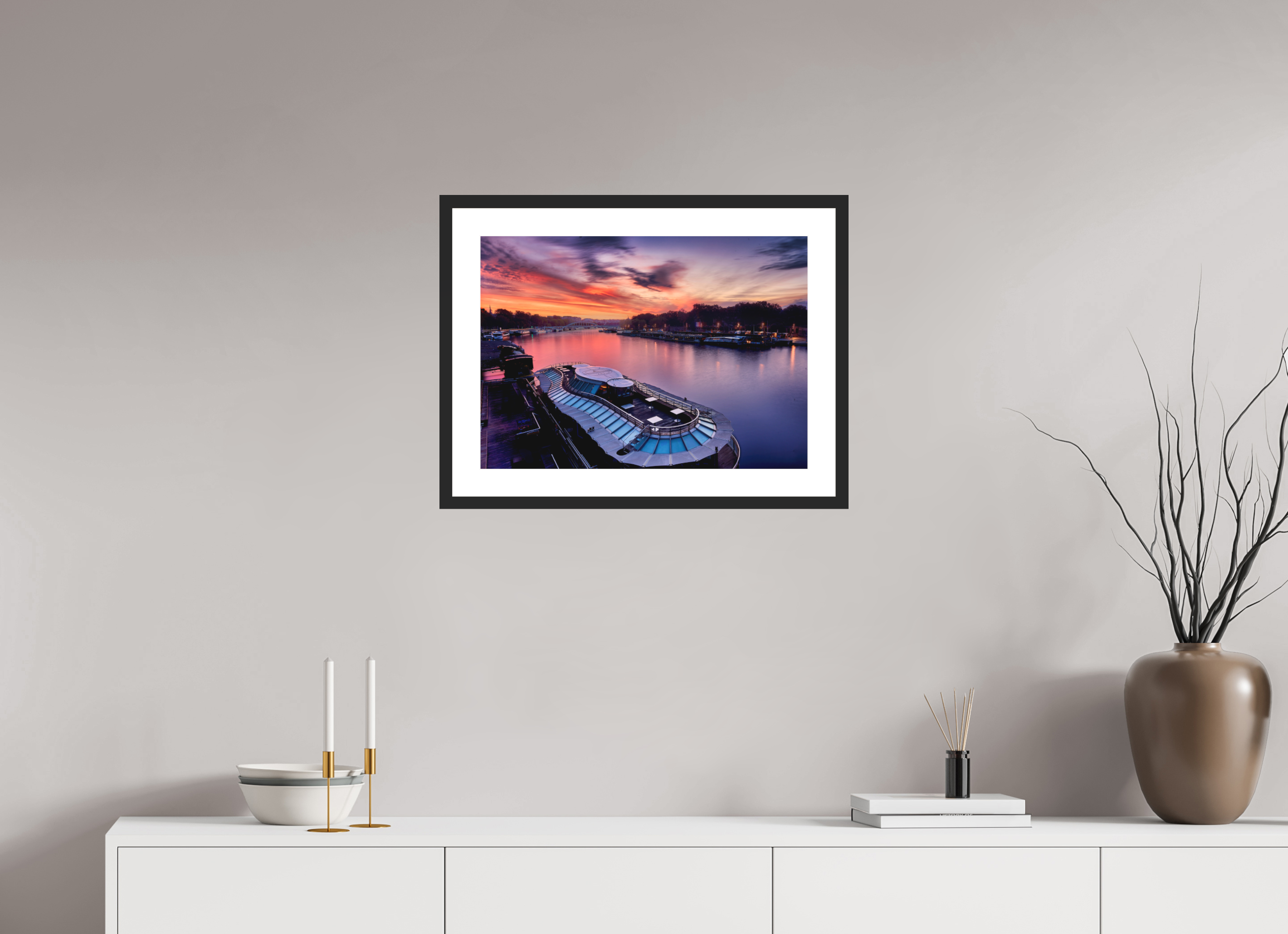 22.3 x 16″, Passe-Partout Black Frame Canal Boats On the River Seine at Dawn